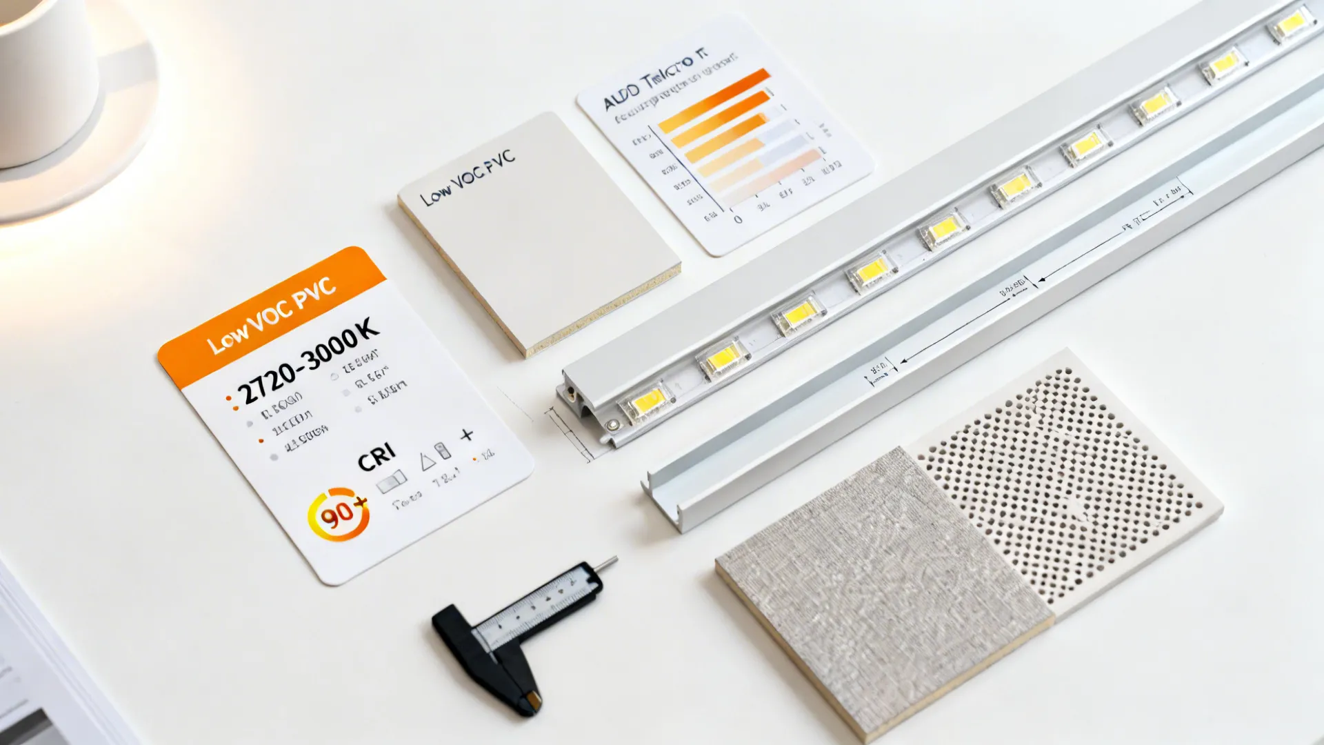Overhead toolkit with low-VOC PVC samples, warm LED chips, CRI indicator, slim profiles, and safety gauge.