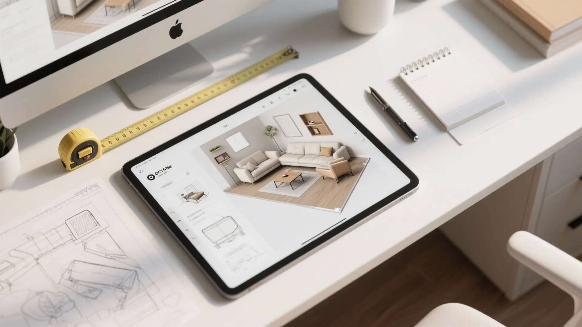 Digital tablet showing 3D living room design on white desk with measuring tape and computer