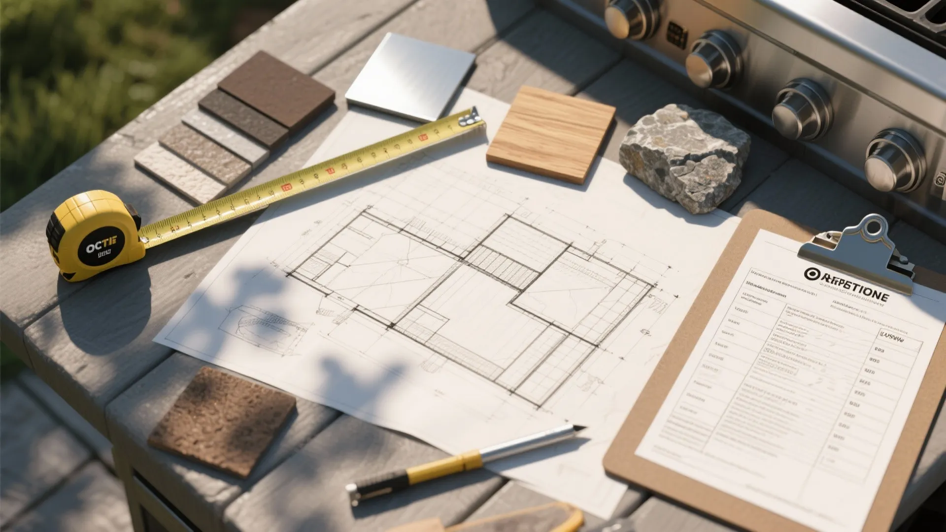 Interior design drawing with measuring tape material samples and clipboard on a grey wooden table