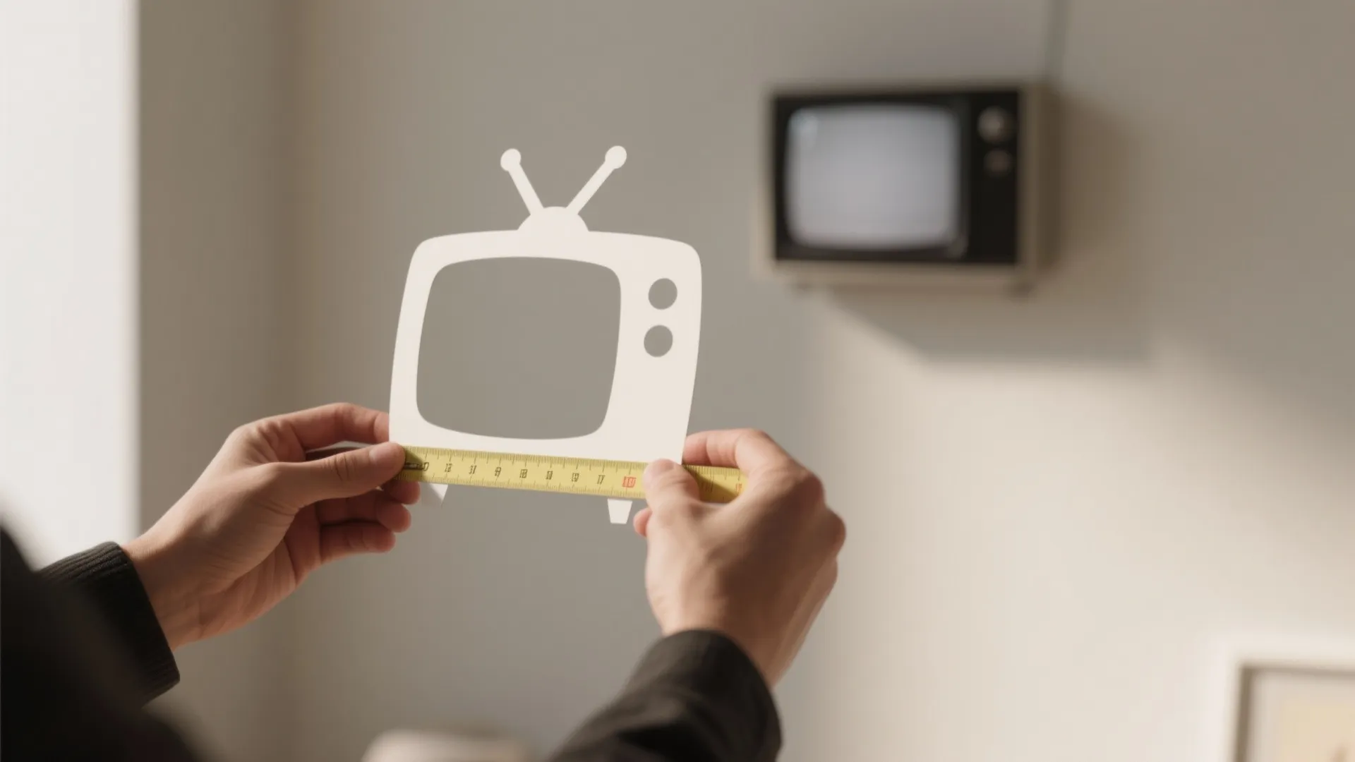 Hands holding a paper television cutout and measuring its width with a yellow tape measure
