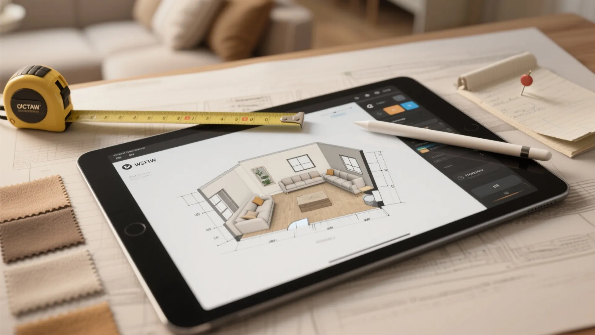Digital tablet showing interior design drawing of living room next to measuring tape and pen