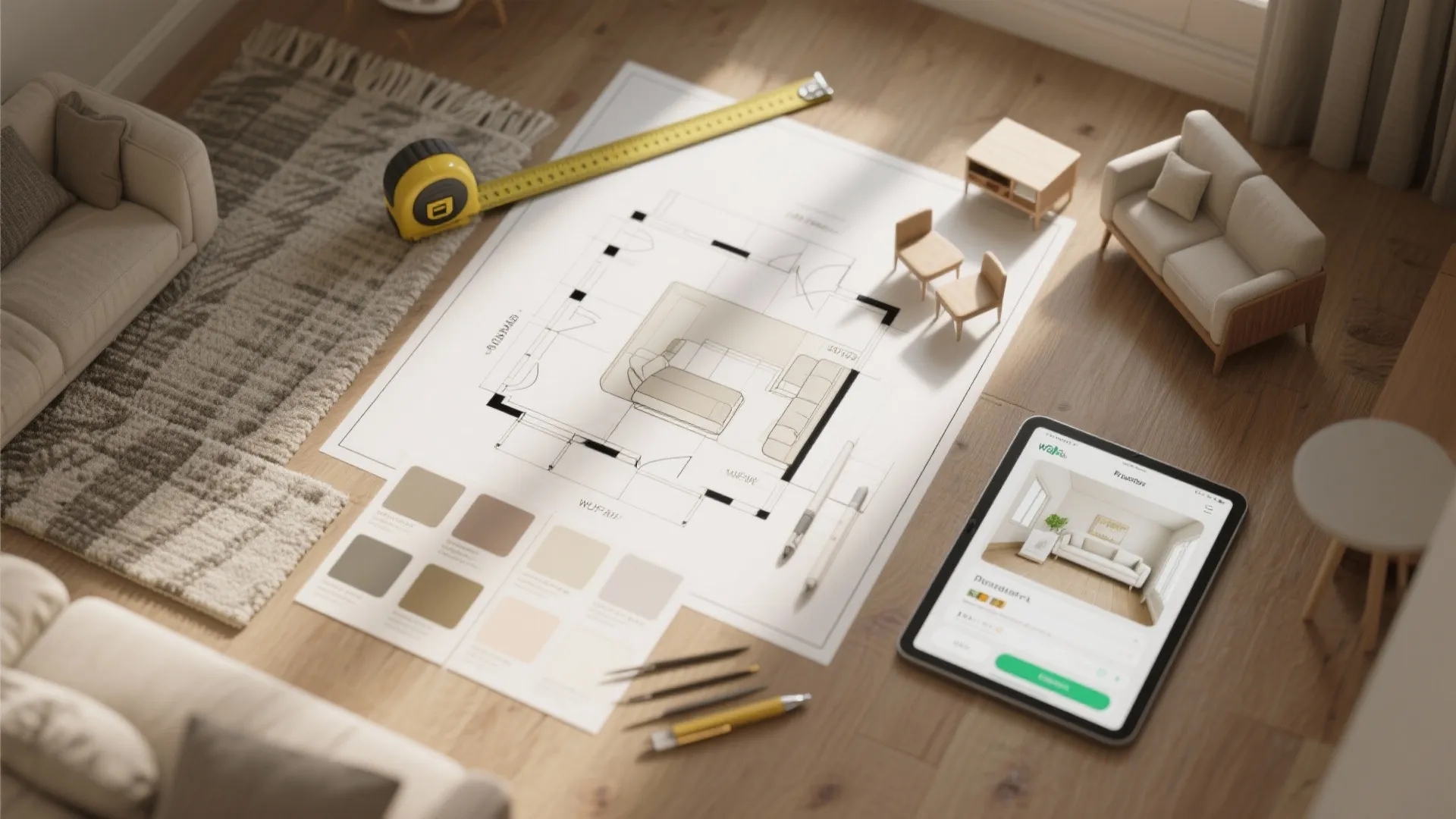 House floor plan drawing on wood floor with tape measure mini furniture and digital tablet