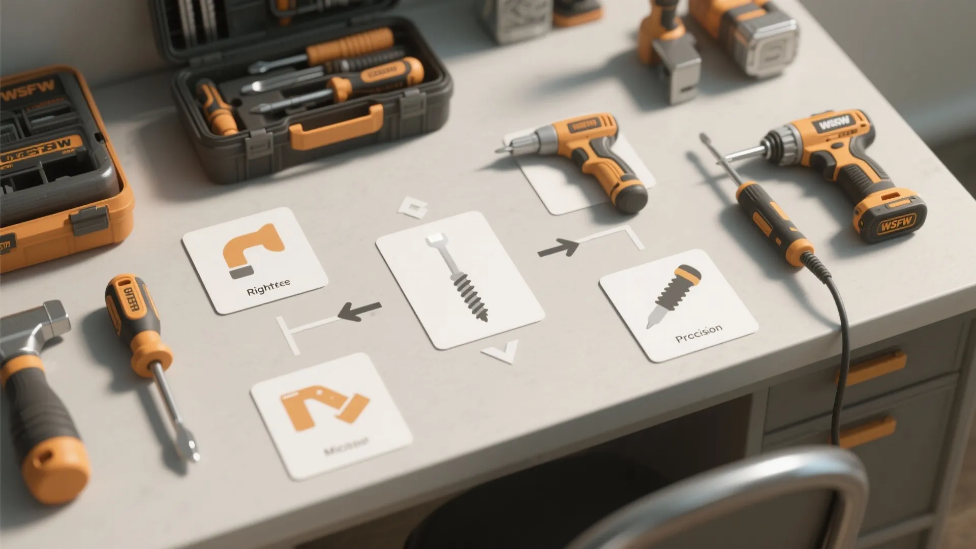 Top-down decision flow with tools helping choose the right screwdriver for tight spaces