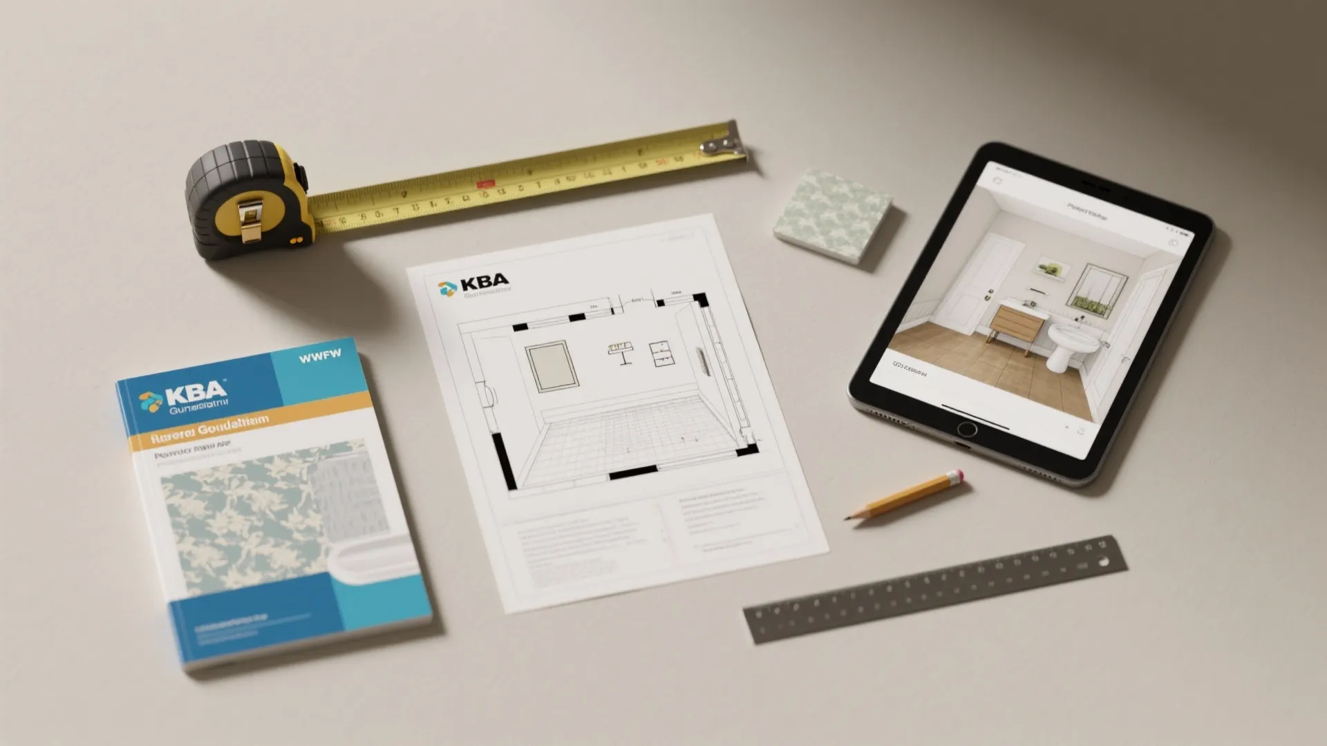 Interior design drawing with measuring tape tablet showing 3D room model pencil and metal ruler tools