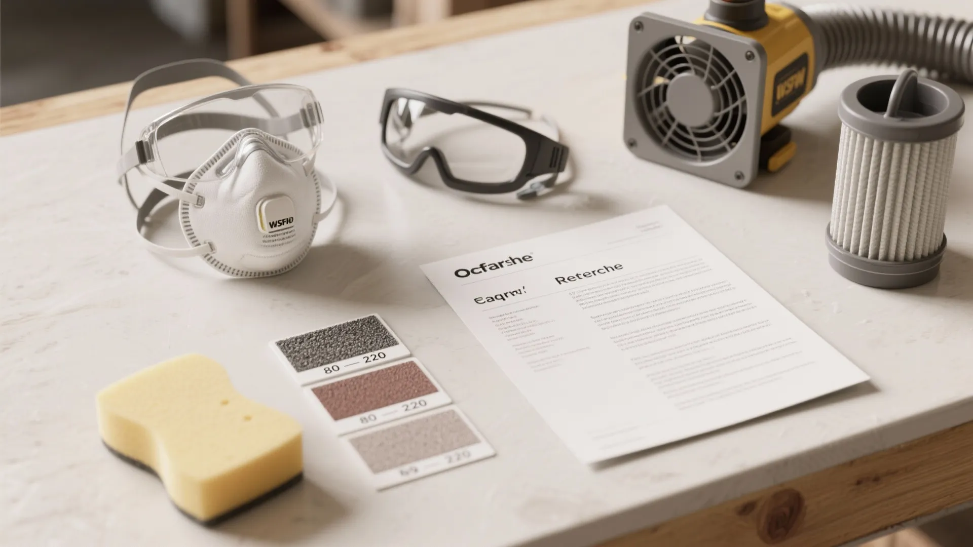 Safety mask and goggles next to small fan and paper instructions on a light workbench
