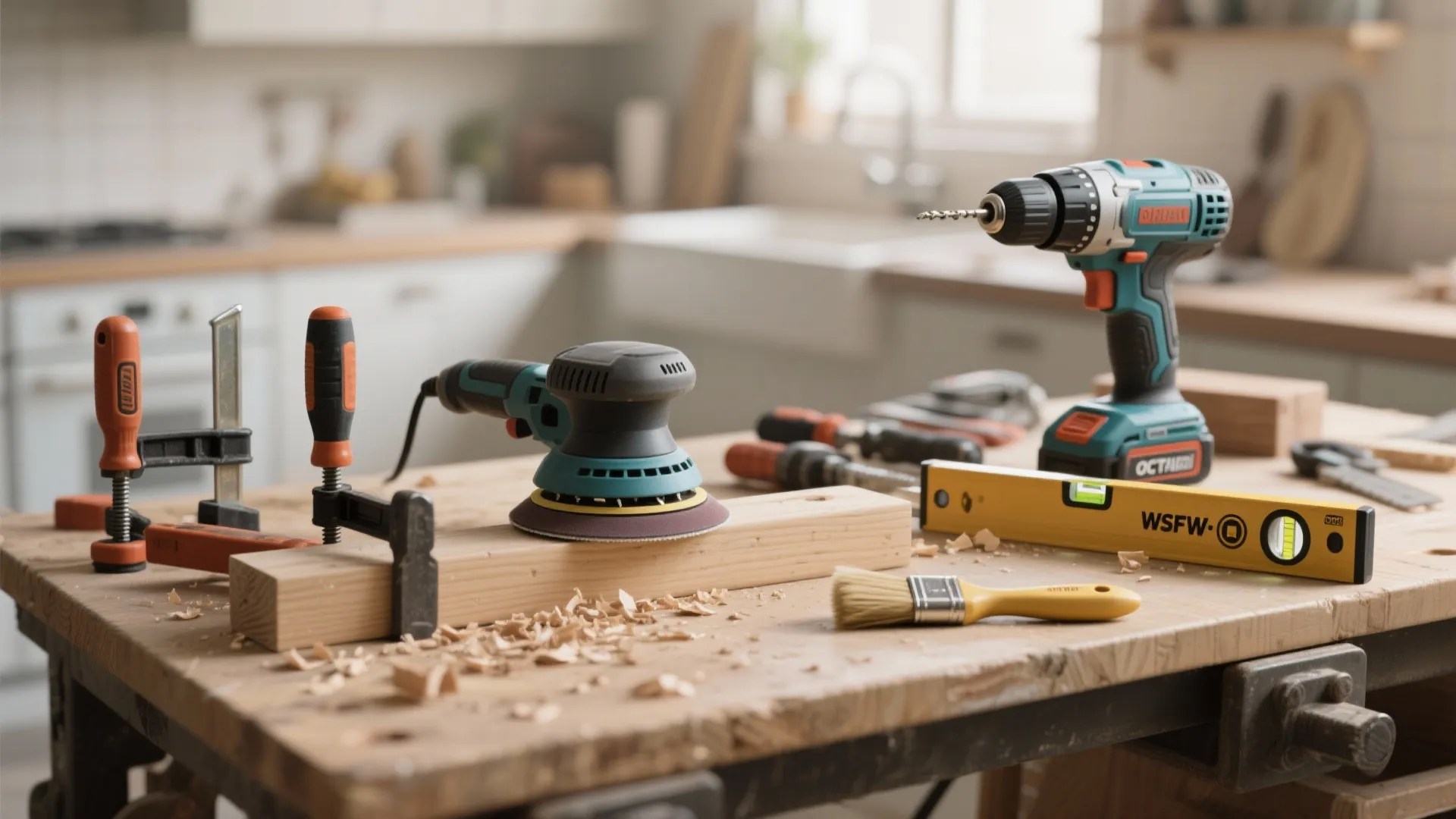 Assorted woodworking tools including a power drill sander level and clamps on a wooden workbench