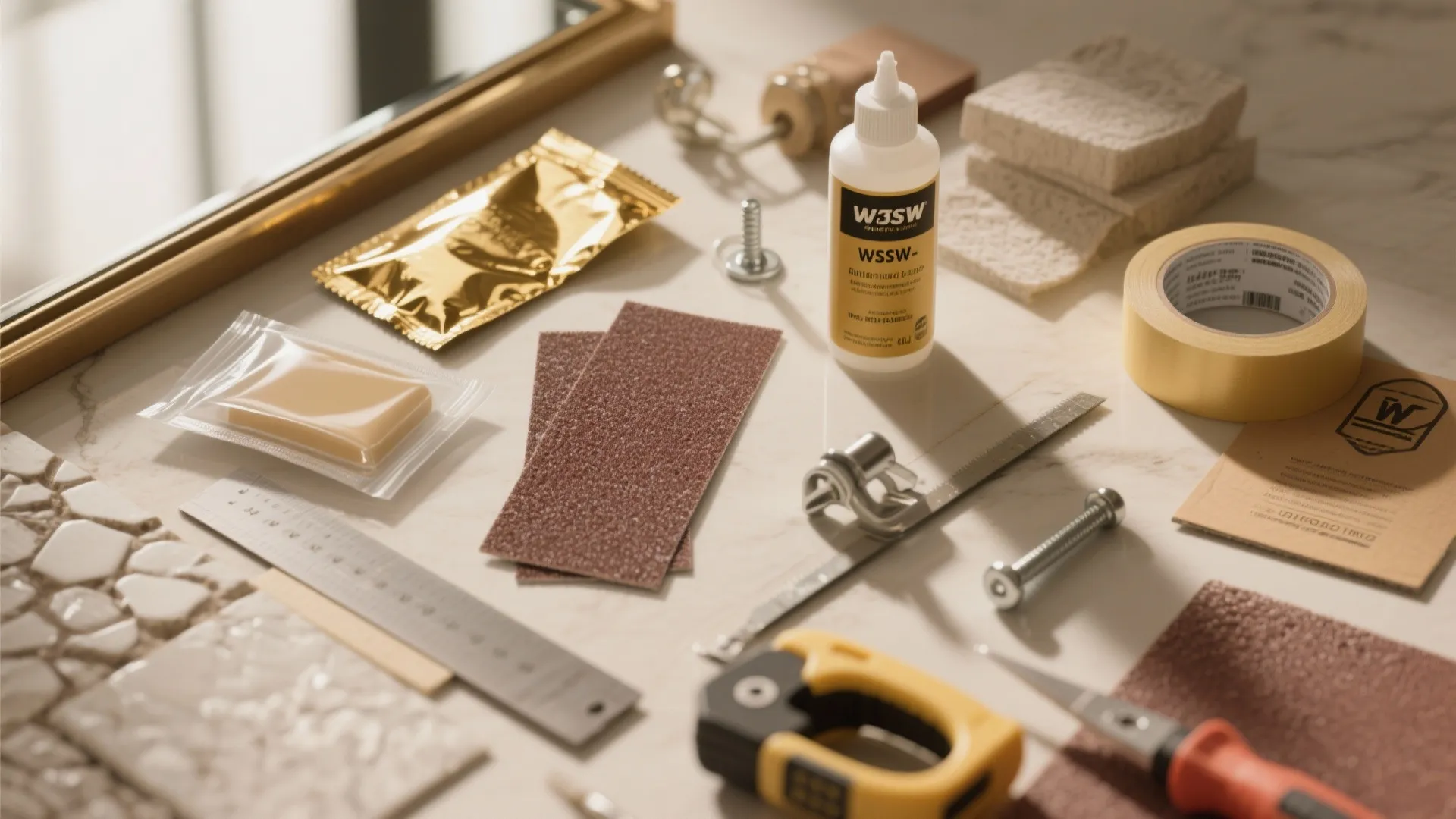 Table with glue bottle tape ruler sandpaper screws and various home repair tools on marble surface