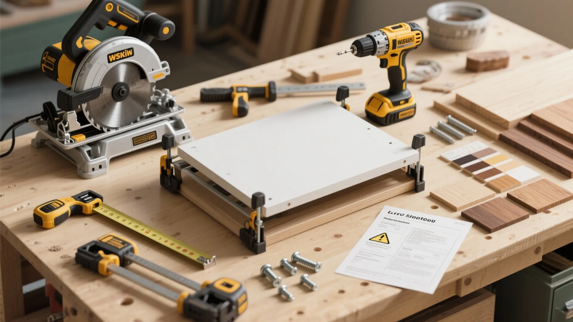 Woodworking tools on a wooden workbench including a circular saw power drill and measuring tape