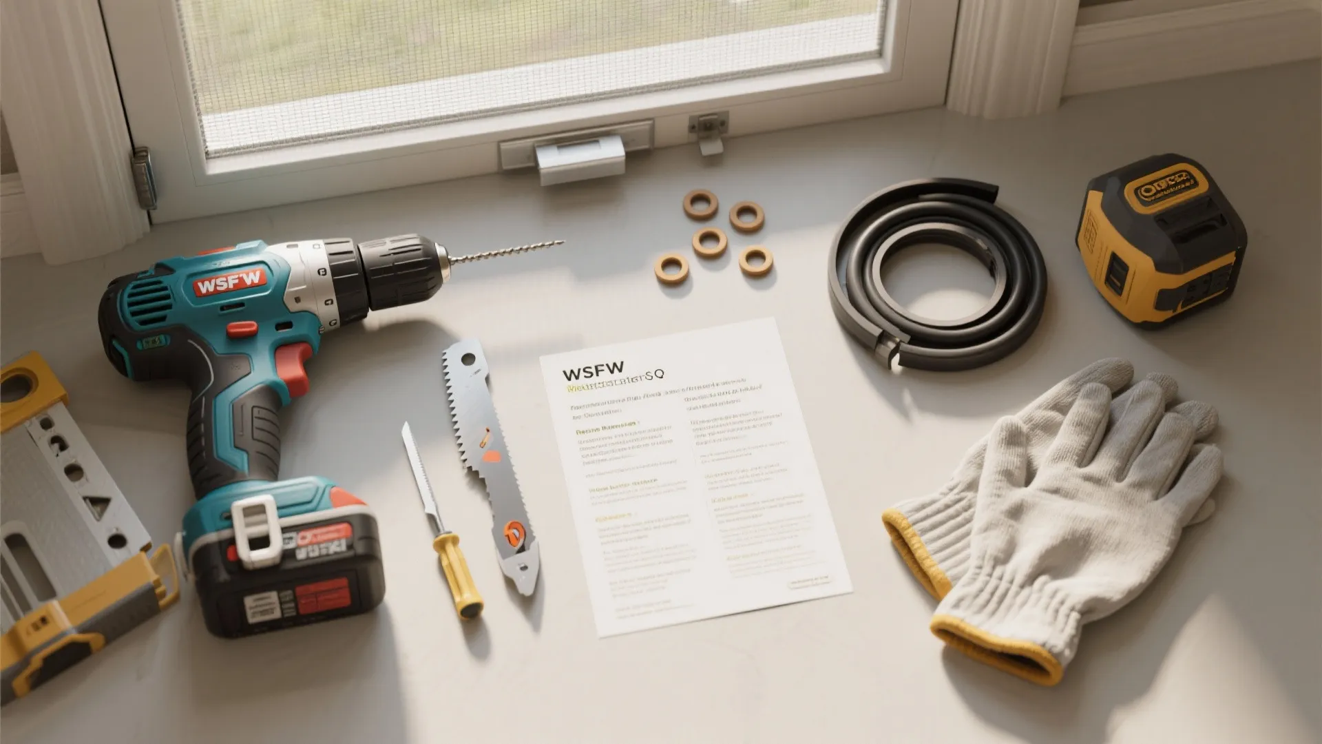 Flatlay of tools and safety materials with a printed FAQ sheet about installing pet doors in screens.