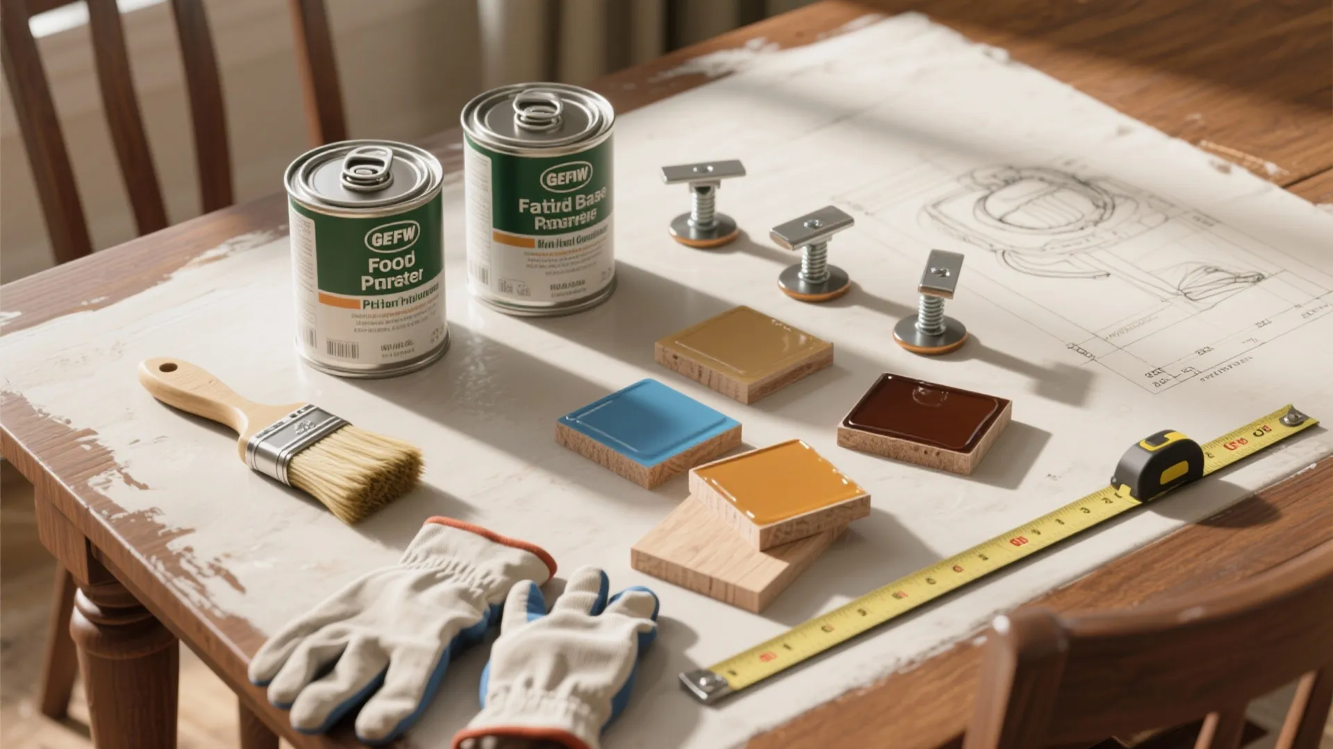 Interior design tools including paint cans brushes gloves and color swatches on a wooden table