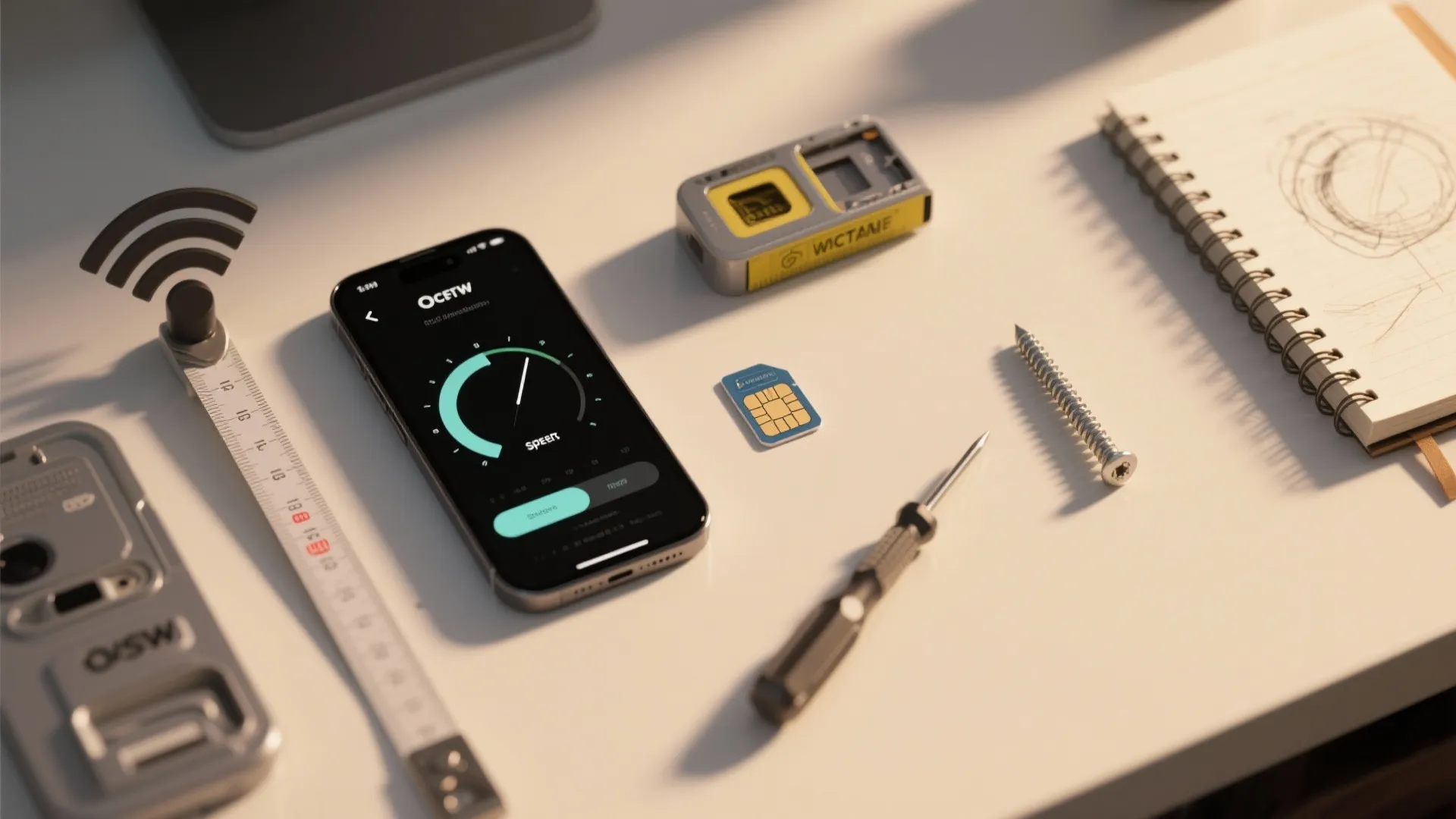 Smartphone showing speed test app on white desk with sim card screwdriver screw and notebook
