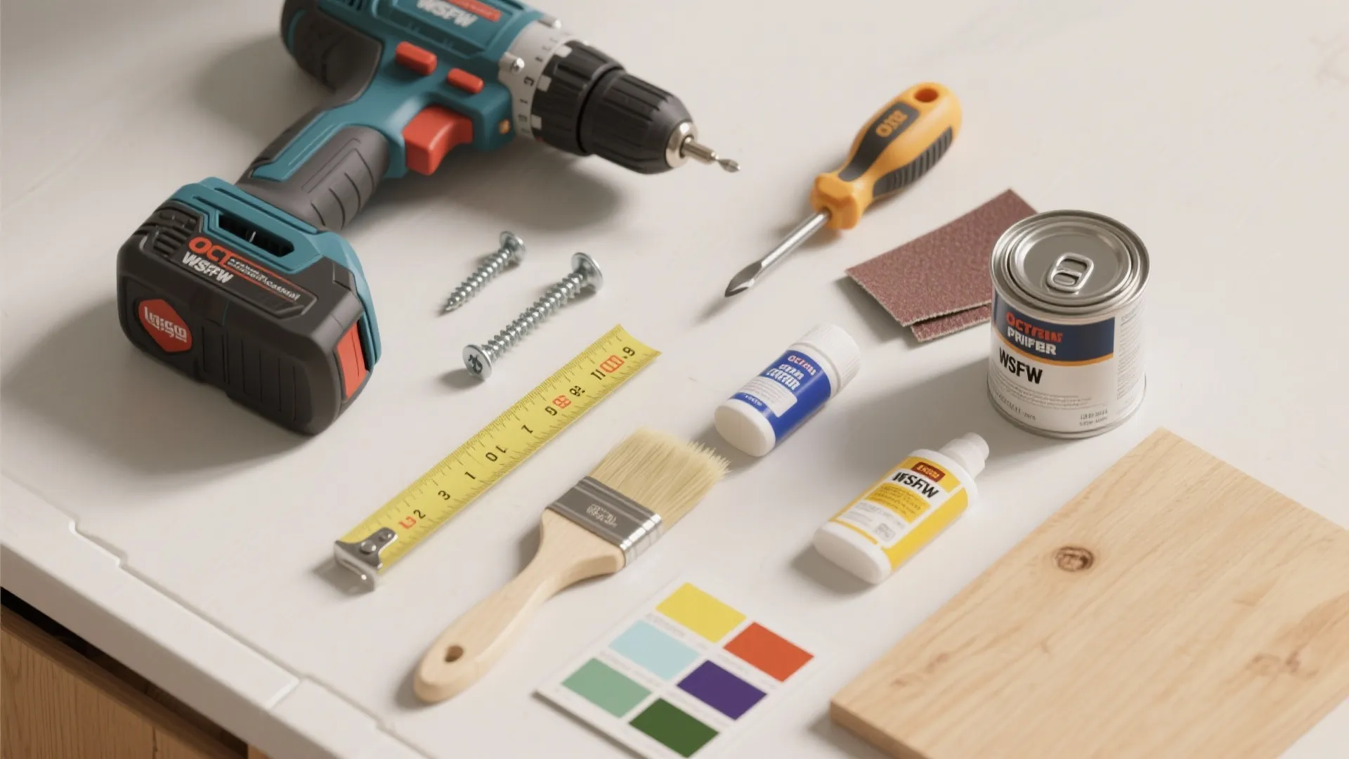 Power drill, screwdriver, tape measure, paint brush, and wood board placed on a white table