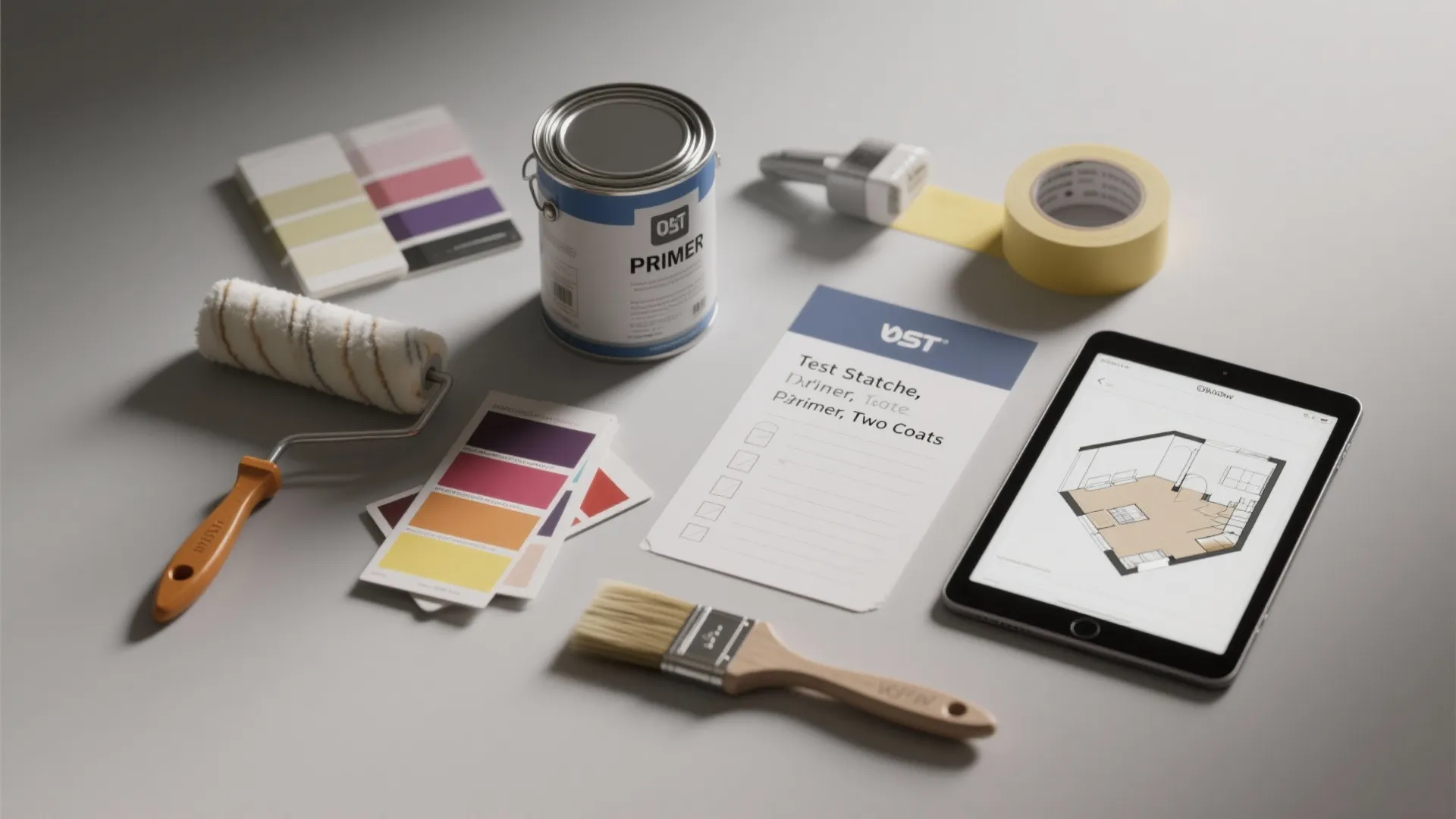 Top-down flatlay of paint swatches, primer, brushes, and a floor plan tablet illustrating testing and prep tips.