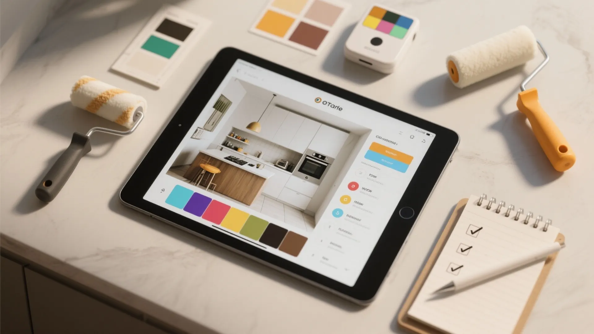 Flatlay of a tablet with a kitchen mockup, paint swatches, mini roller and color-matching device next to a checklist
