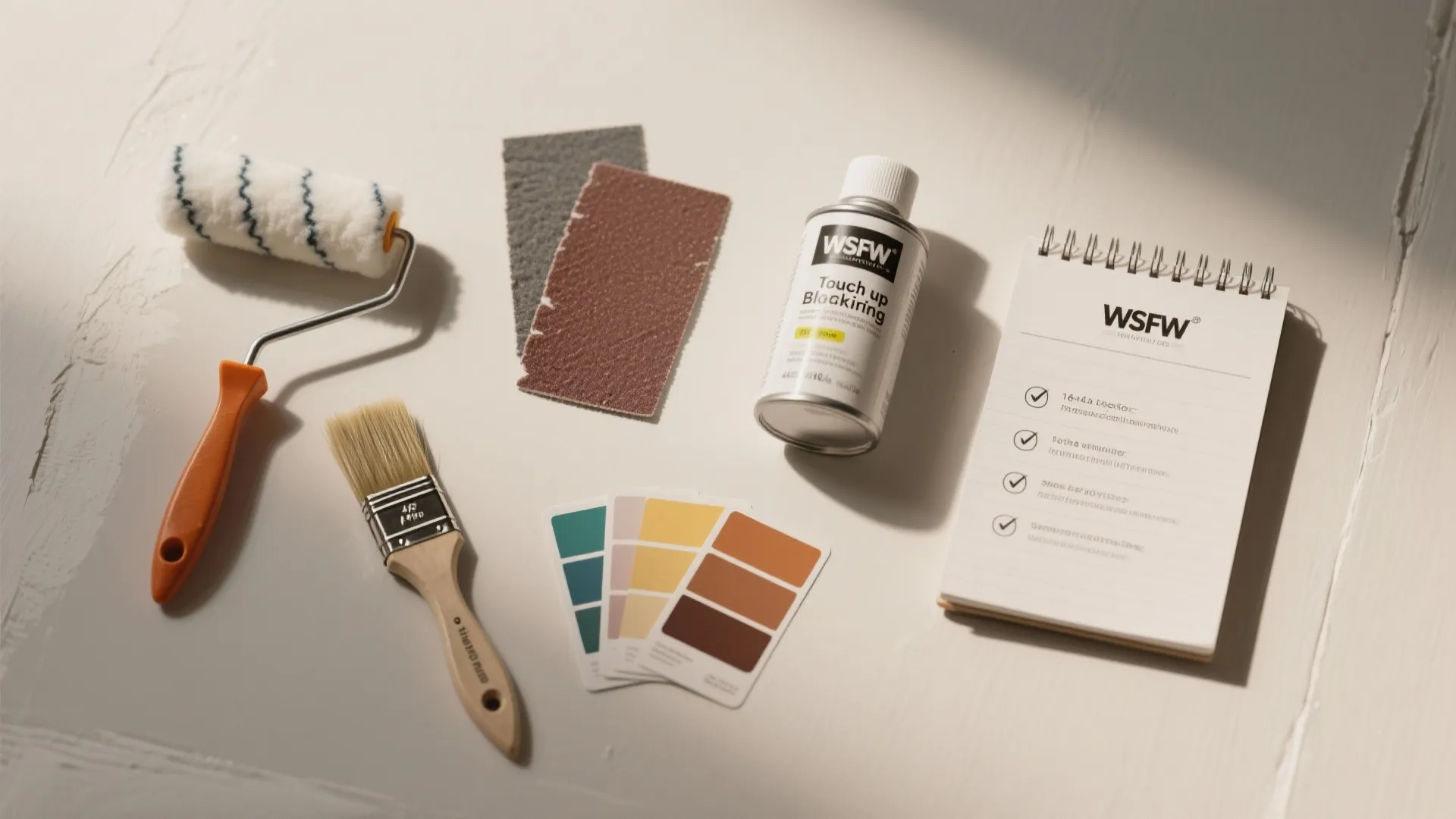 Painting supplies including small paint roller brush sandpaper color swatches and a notebook on white surface