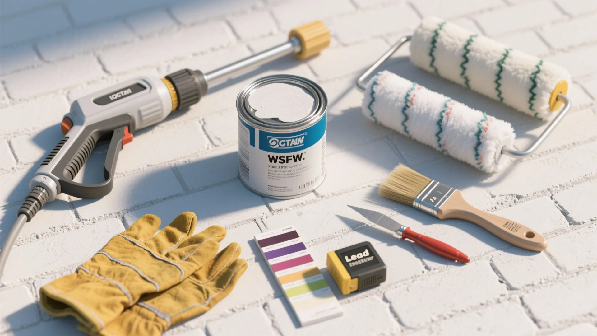 White paint can with spray gun rollers brush and yellow gloves on a white brick surface