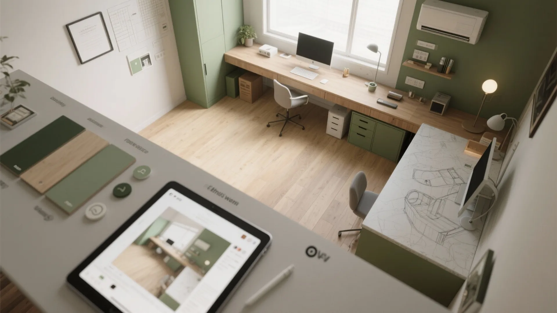 Interior design home office layout with long wooden desk green wall panels and digital tablet