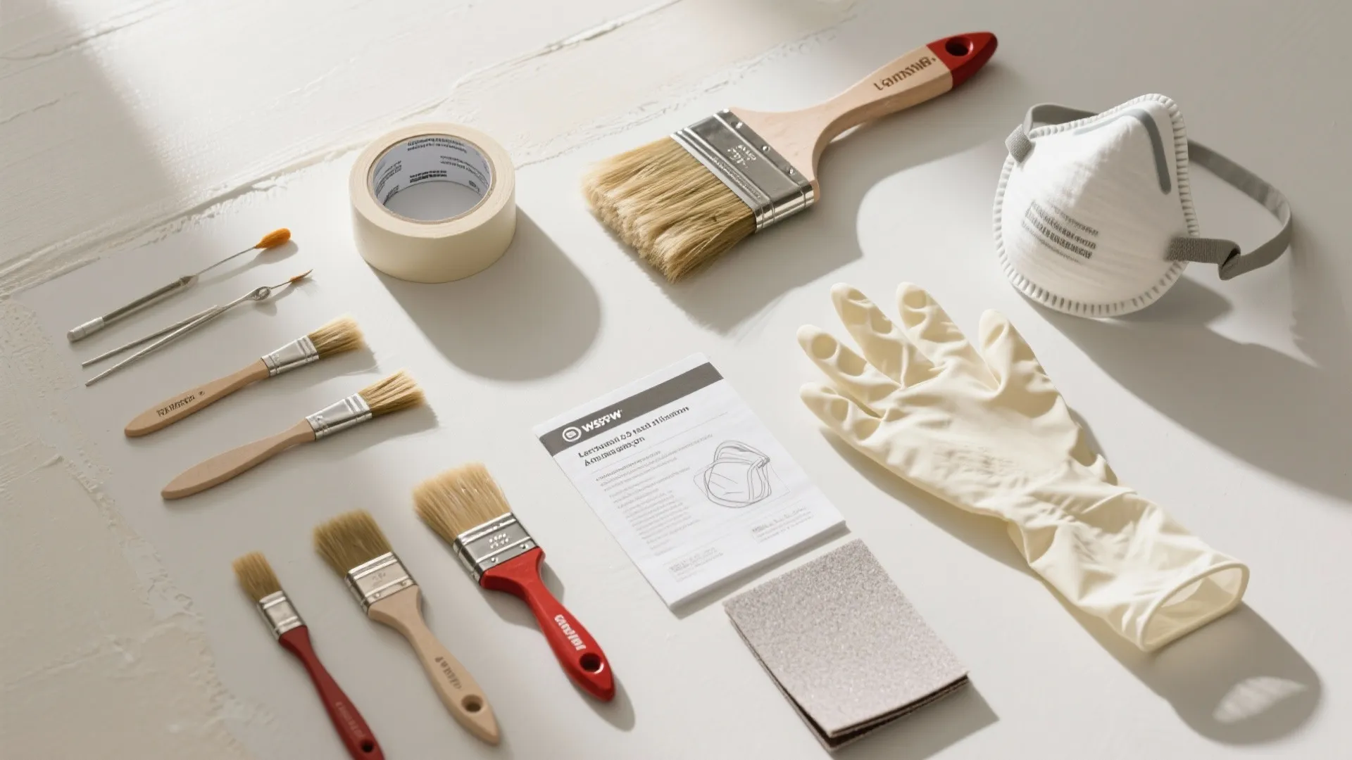 Collection of home painting tools including various brushes masking tape gloves a mask and sandpaper