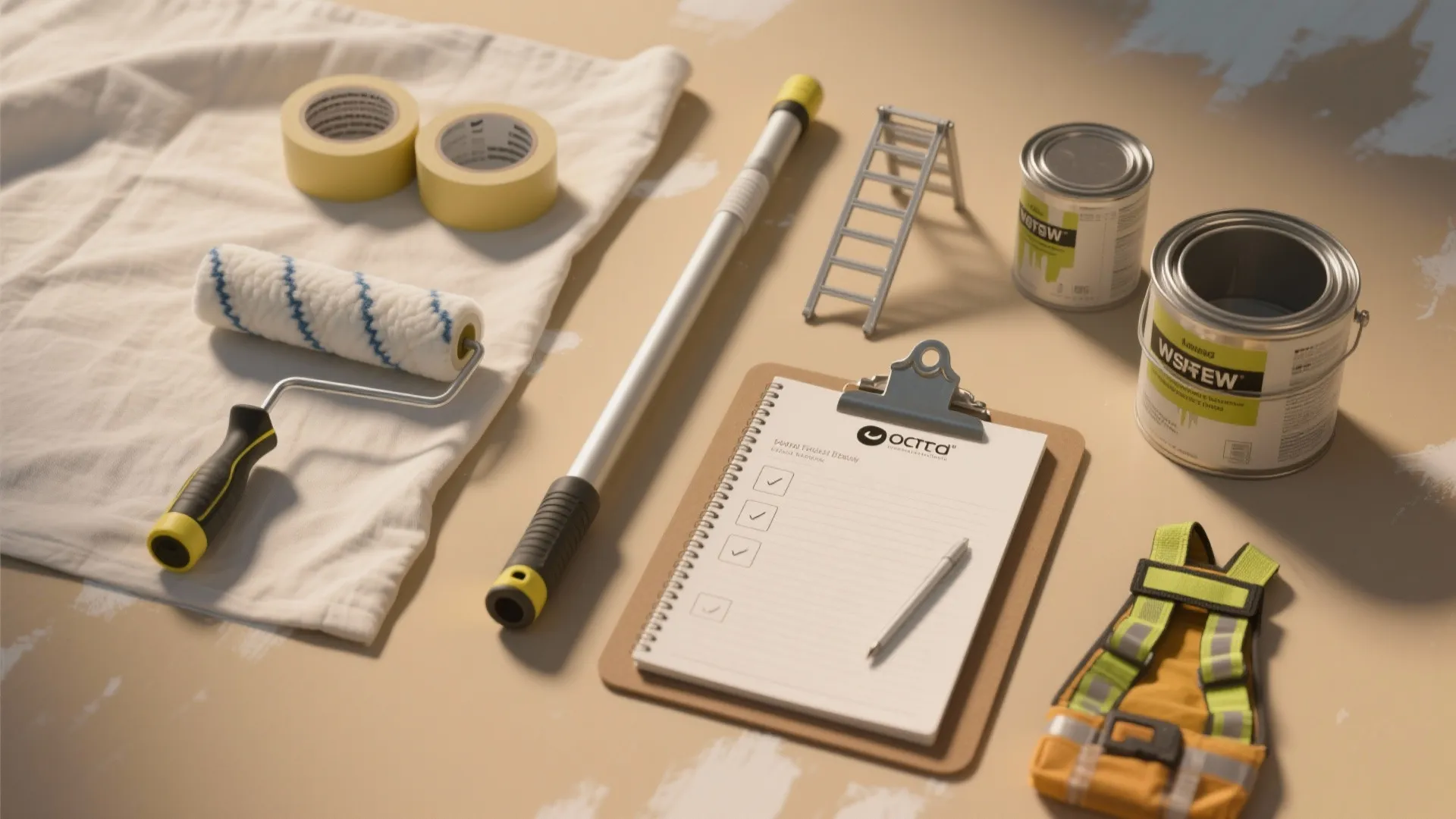 Flatlay of essential painting tools and safety gear with a checklist for FAQ guidance.