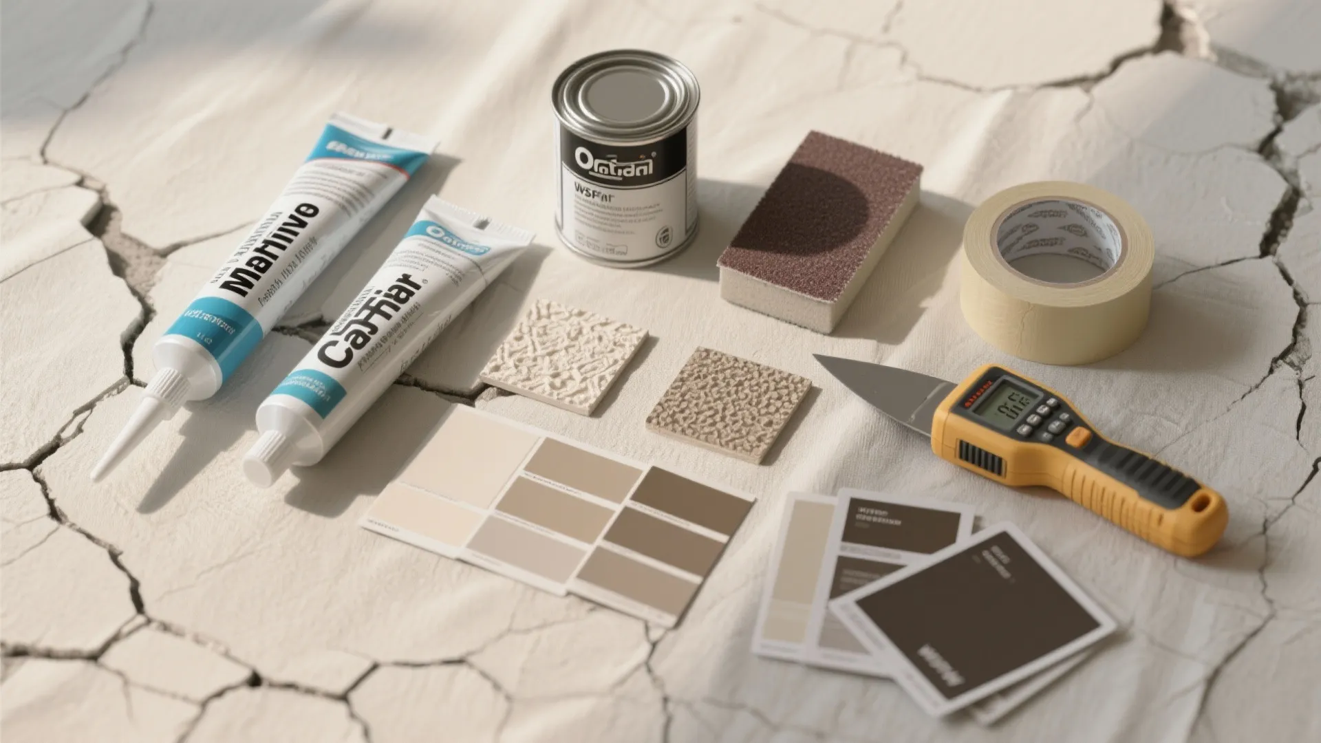 Glue tubes, paint can, tape, and color cards for home repair on cracked ground surface