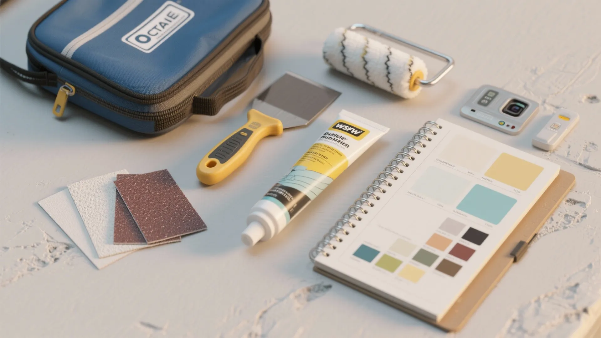 Home repair tools with paint roller scraper glue tube color swatches and blue tool bag