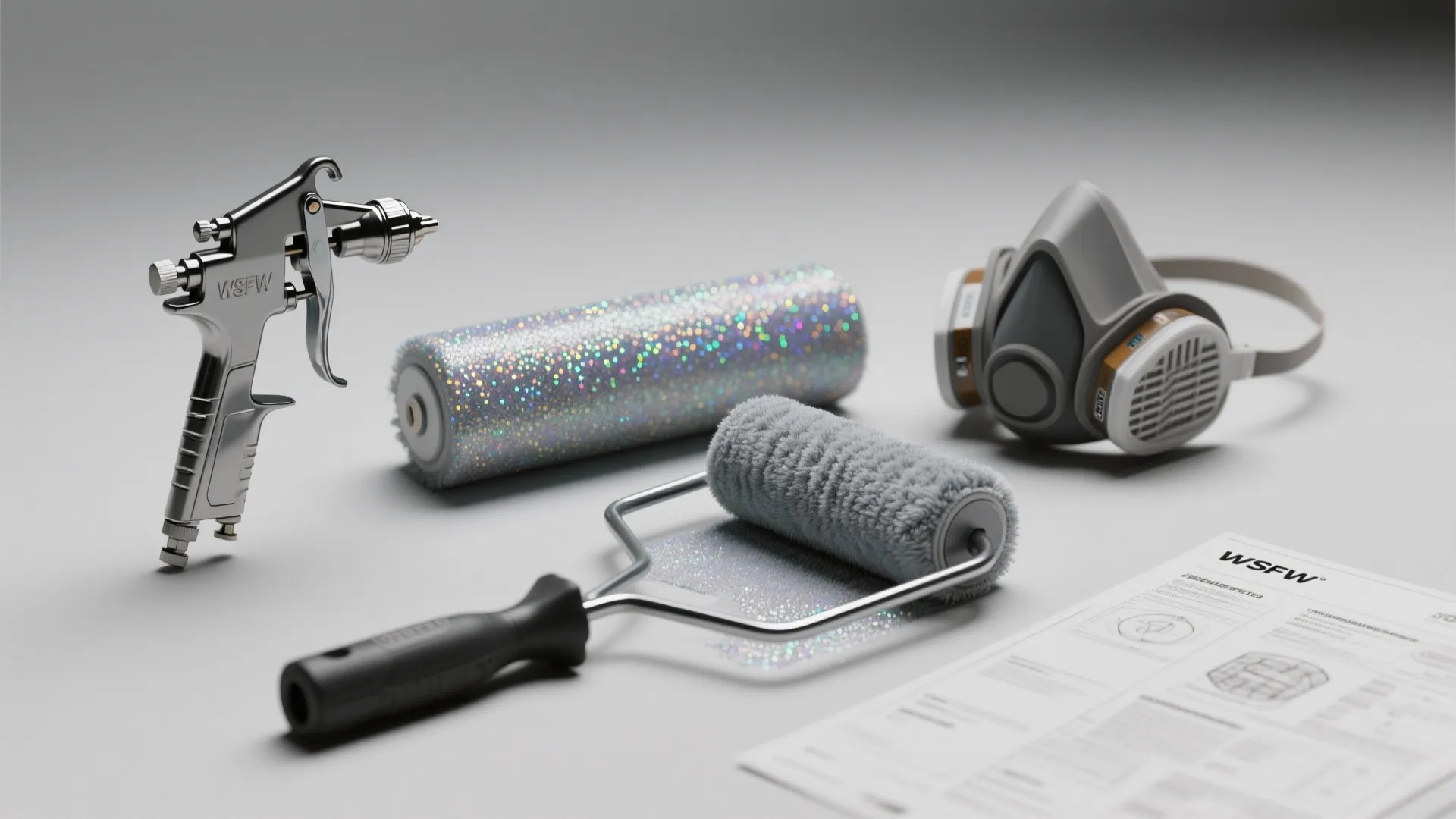 Professional painting tools including spray gun paint rollers mask and instructional paper on white surface