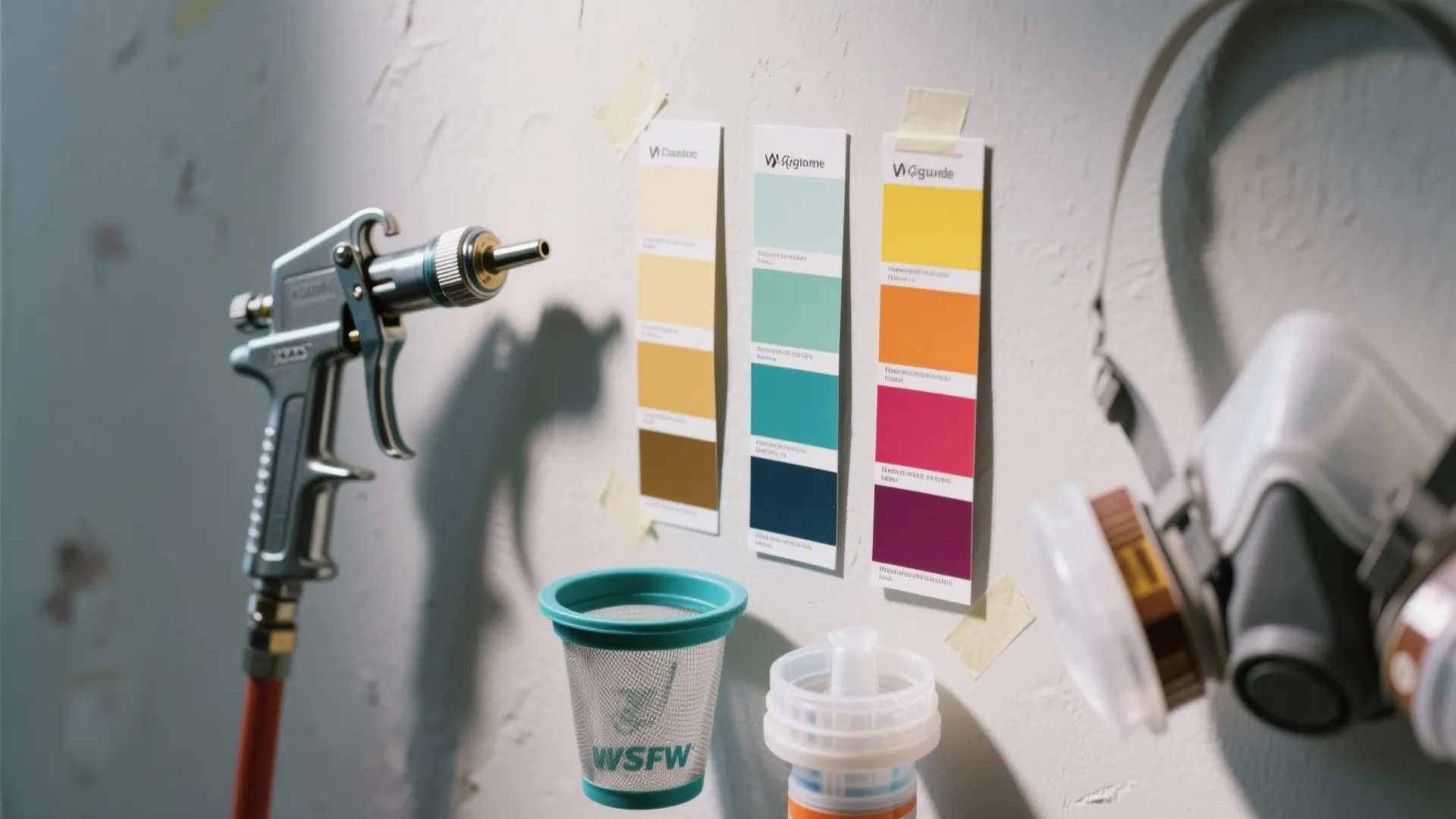 Interior design tools with a spray gun, color samples on wall, and a safety mask
