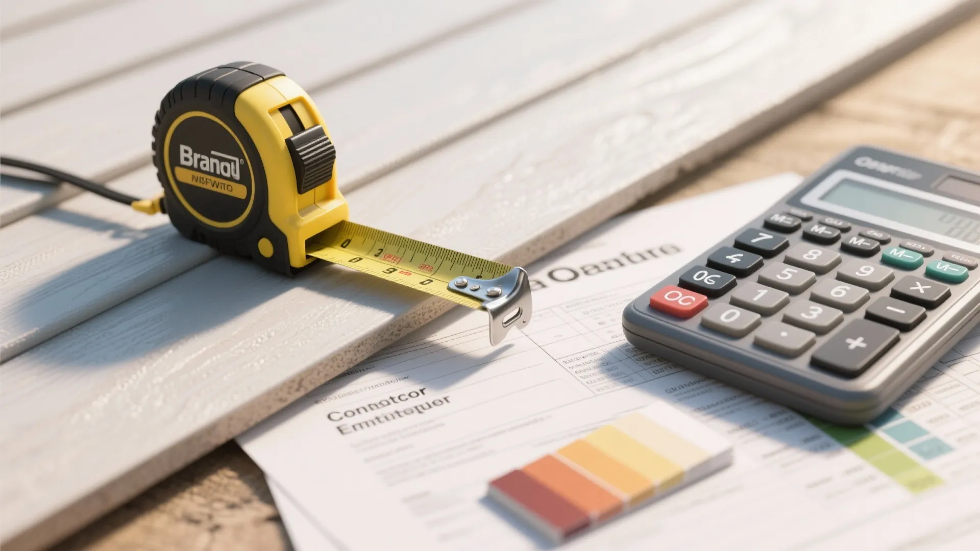 Yellow measuring tape and grey calculator on white papers with colorful swatches for home renovation