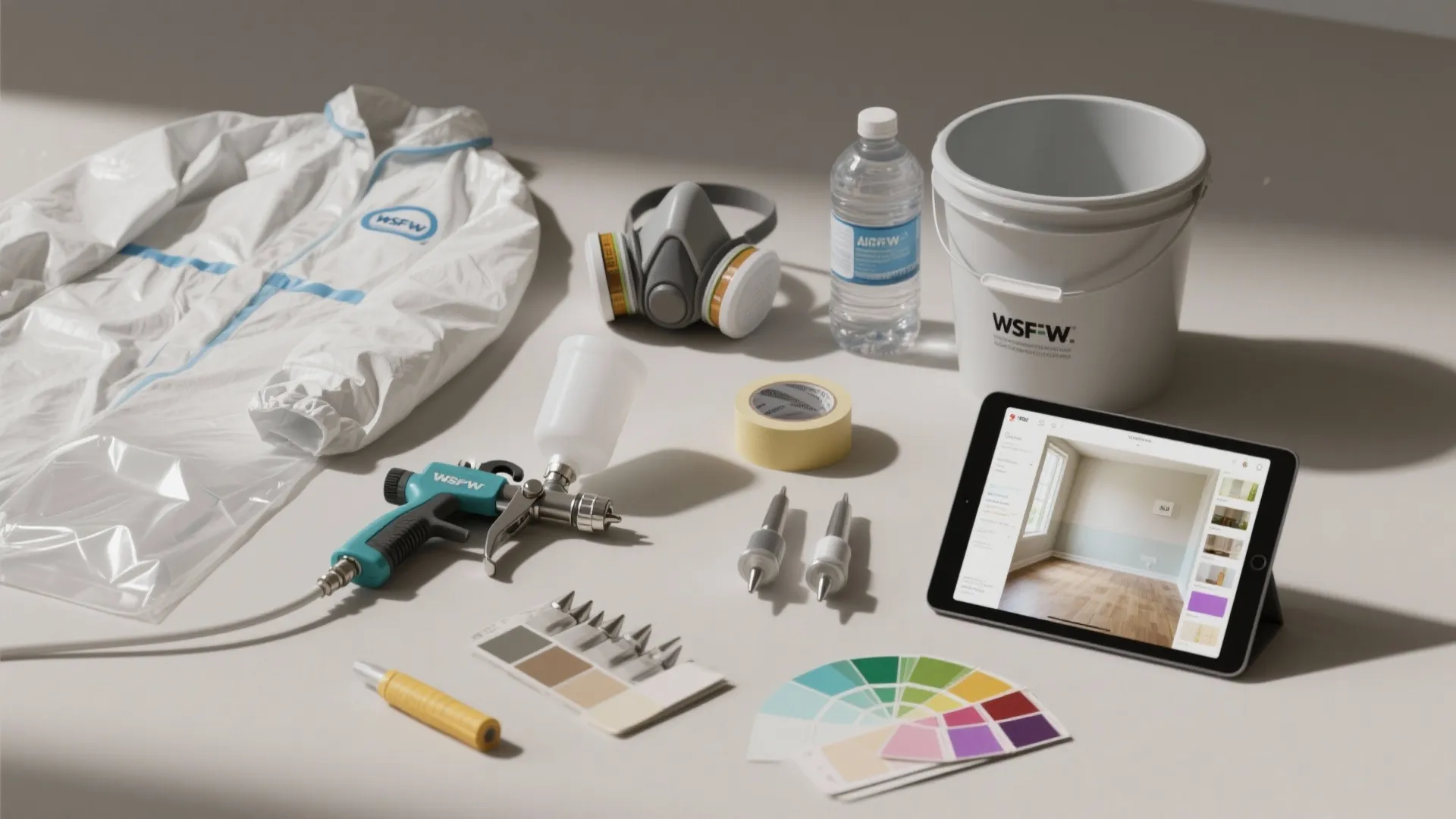 Flatlay of airless sprayer tools and PPE including respirator, tape, tips, cleaning supplies and color swatches.