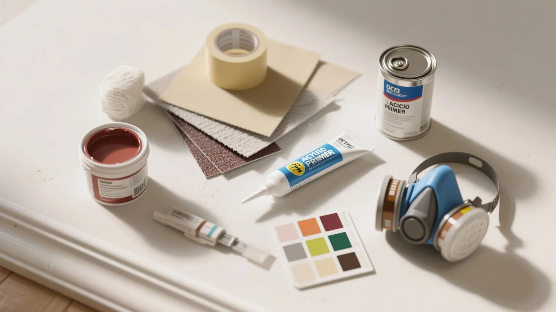 Various home renovation tools including paint, primer, tape, sandpaper, color palette, and a respirator mask