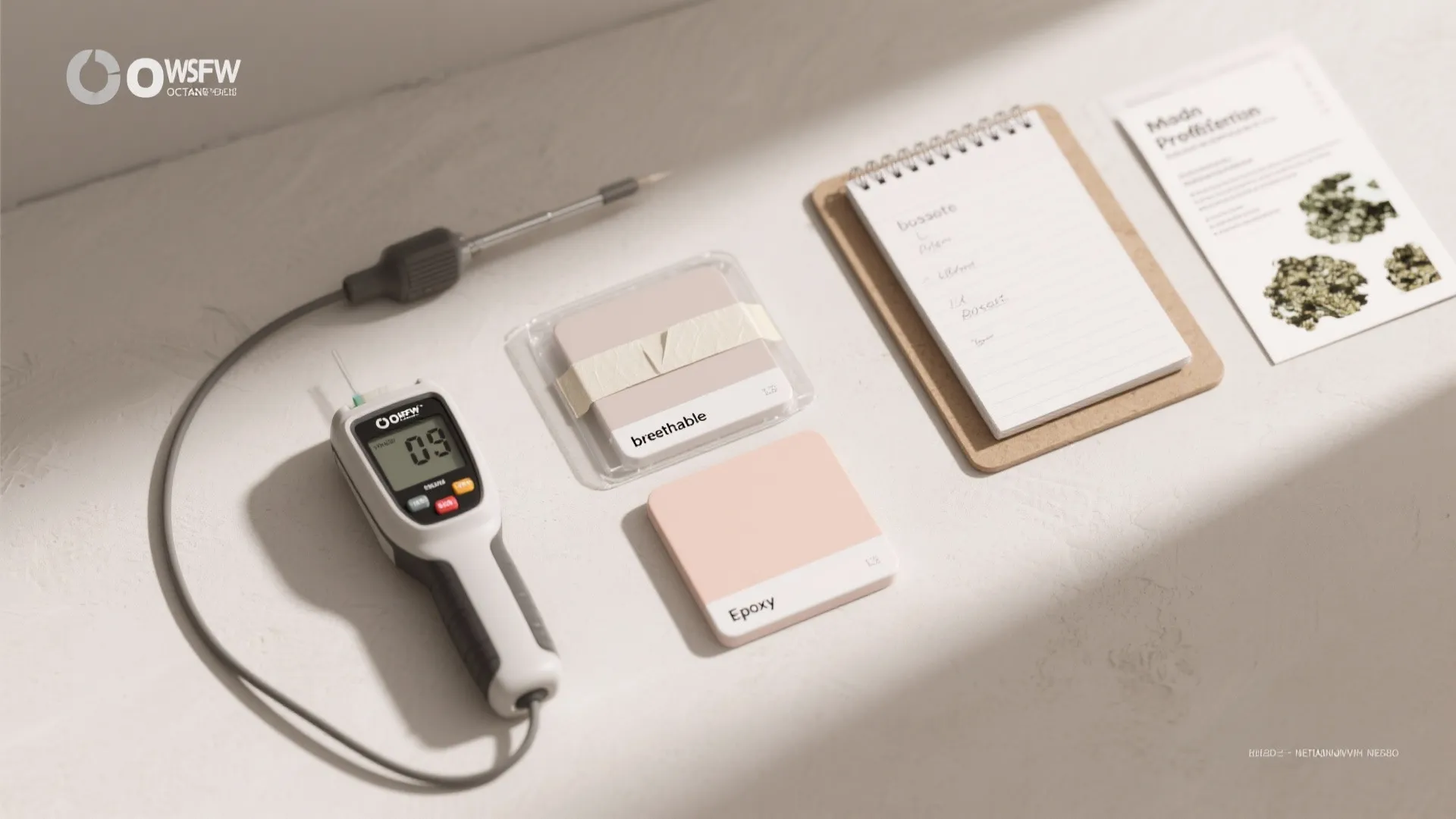 Digital measuring tool and material samples on desk with notebook for home interior renovation planning