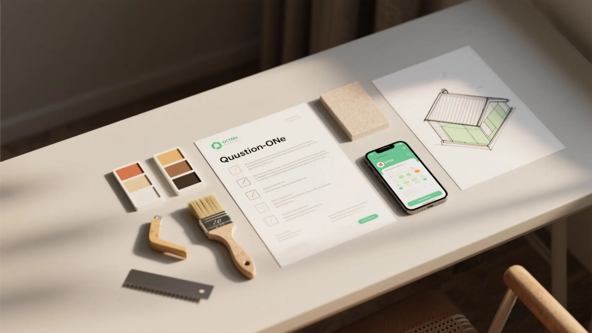 Desk with interior design drawing, smart phone showing home app, paint brush, and color samples