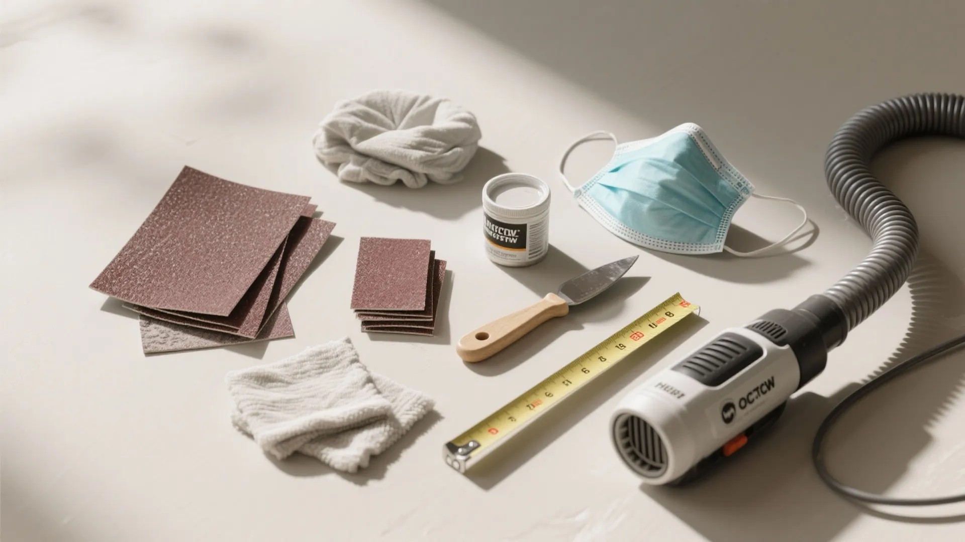 Sandpaper sheets face mask tape measure small knife and power tool on a white work surface