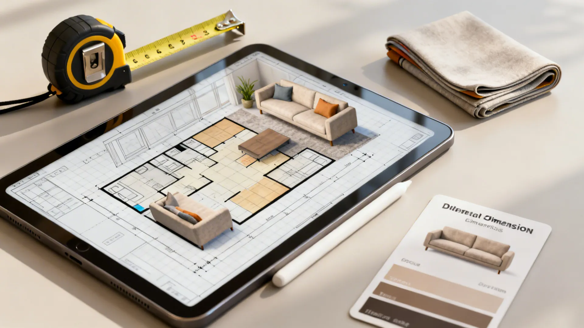 Measuring tools and a tablet displaying a 3D room planner for sofa placement.