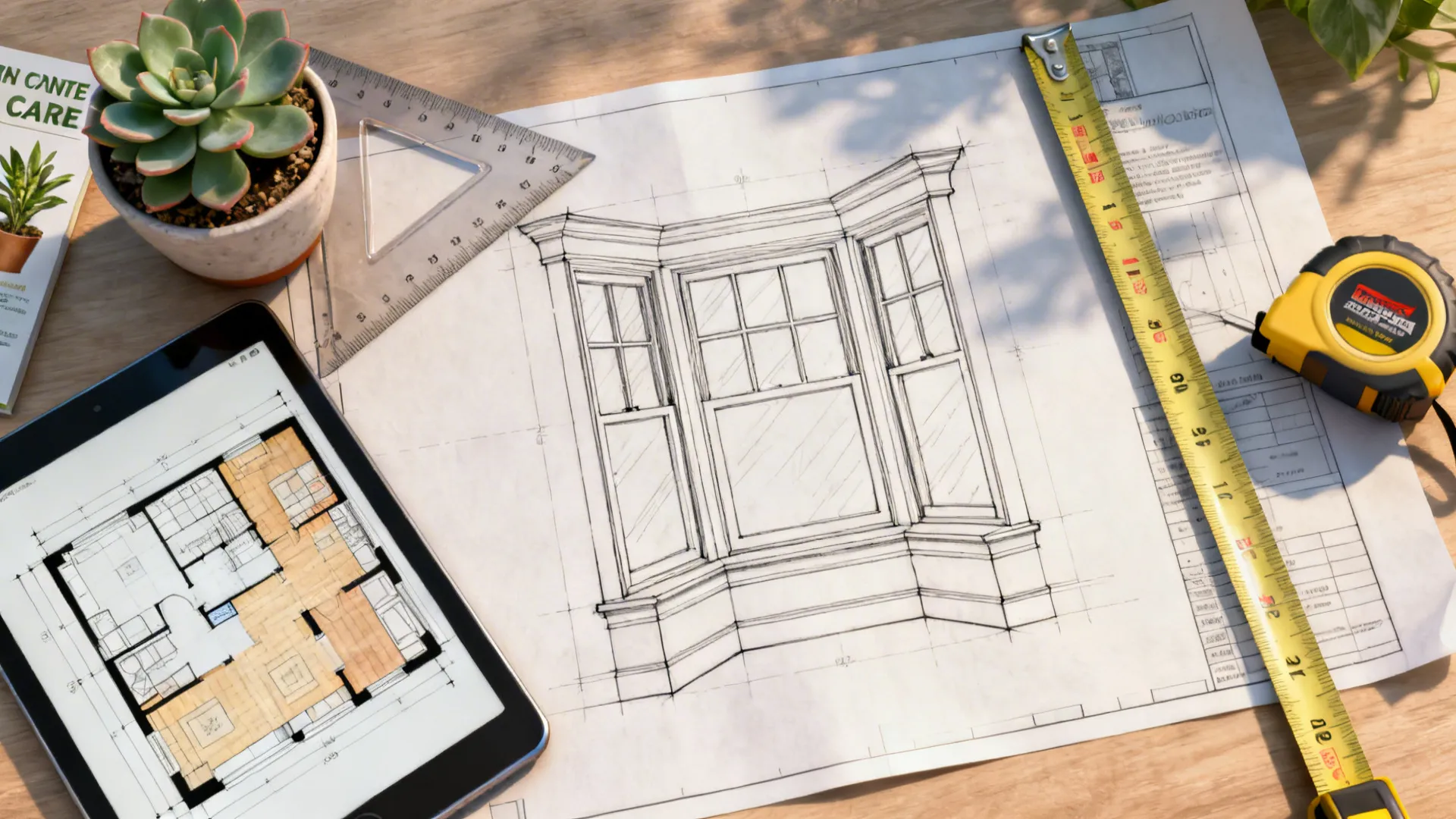 Measuring tools and a room planner tablet for planning bay window furniture layouts