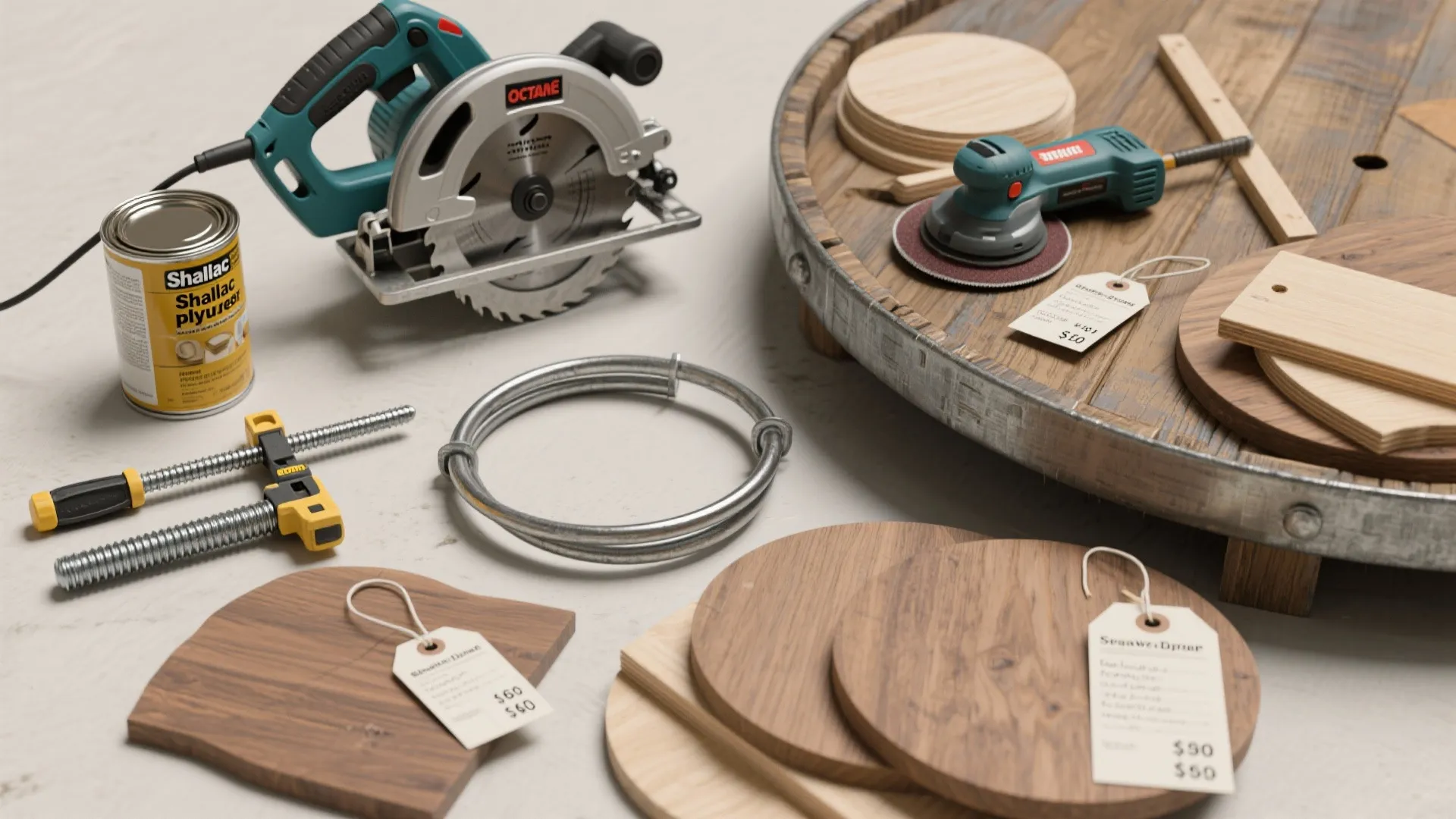 Circular saw sander wood stain and wooden parts with price tags on a white surface