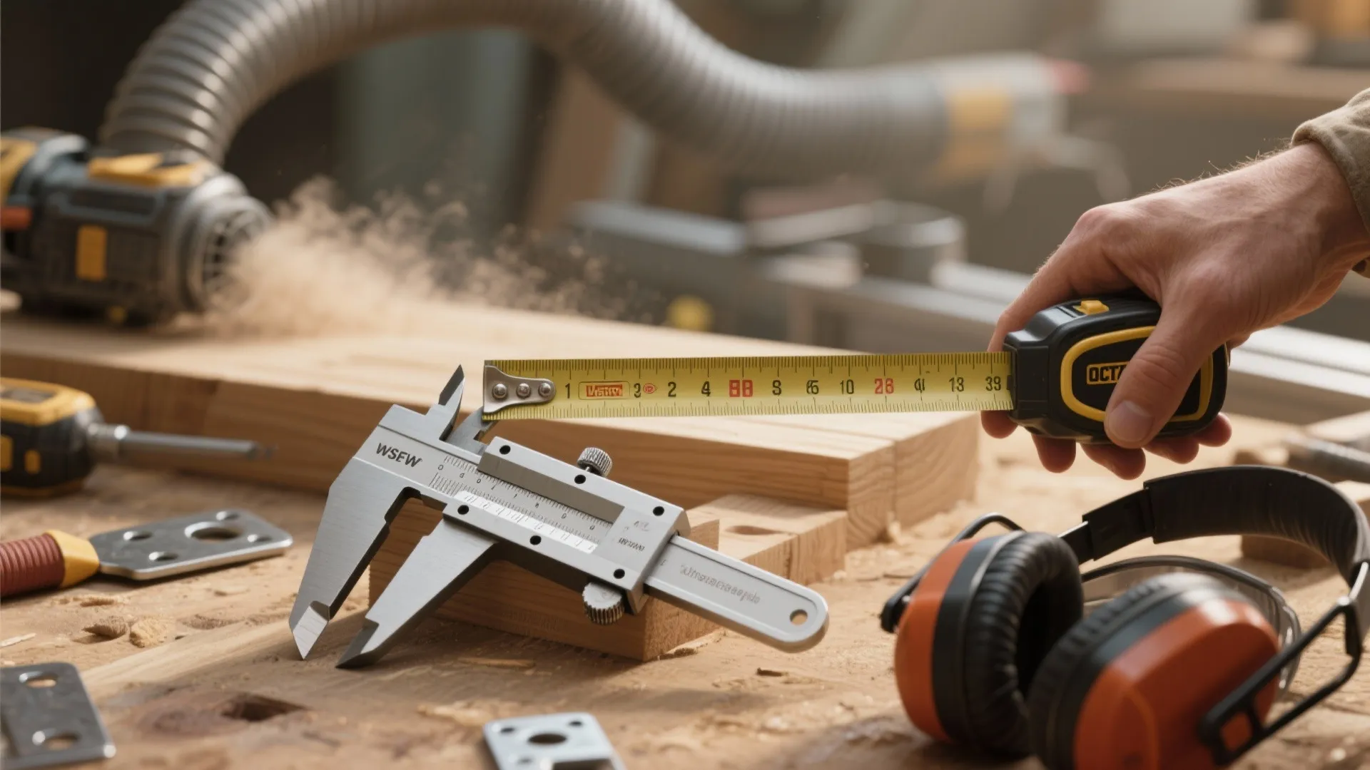 Hand holding yellow measuring tape over metal tool and wood on busy woodworking workshop table