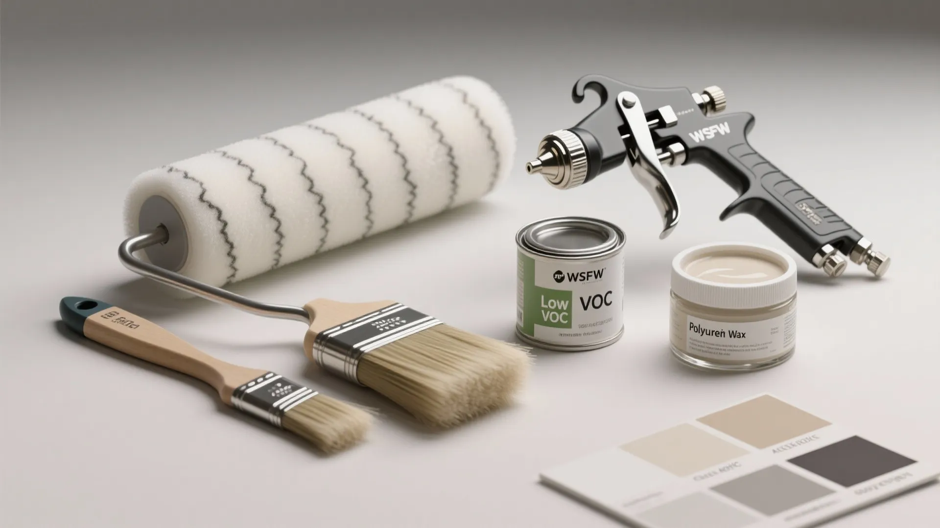 Detail of brushes, rollers, and labeled finish samples illustrating paint and sealing options for tables.