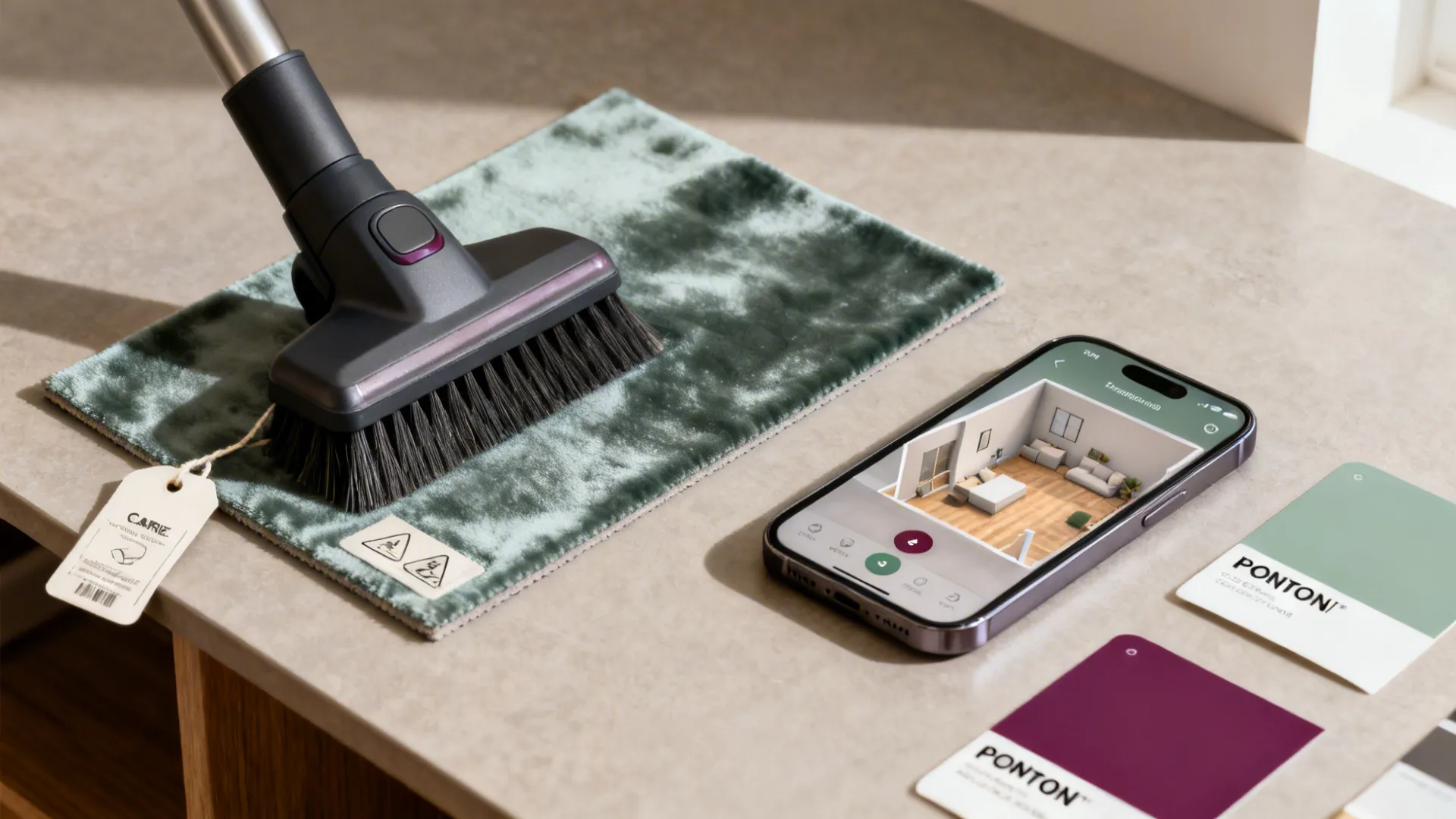 Person cleaning green rug with vacuum next to smartphone showing 3D interior design and colors
