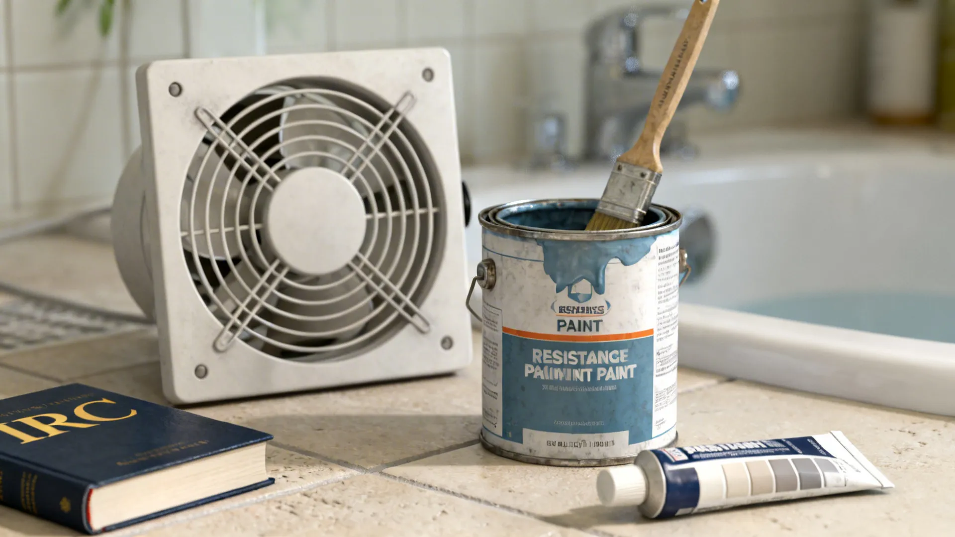 Close-up of ventilation fan sample, paint can, and grout tube representing practical FAQ solutions for small bathrooms.