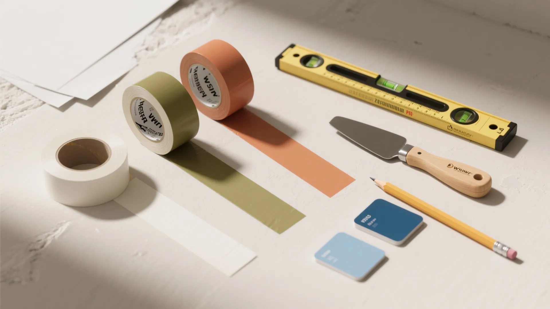 Renovation tools including colorful tape rolls, yellow level, small knife, pencil, and blue color swatches