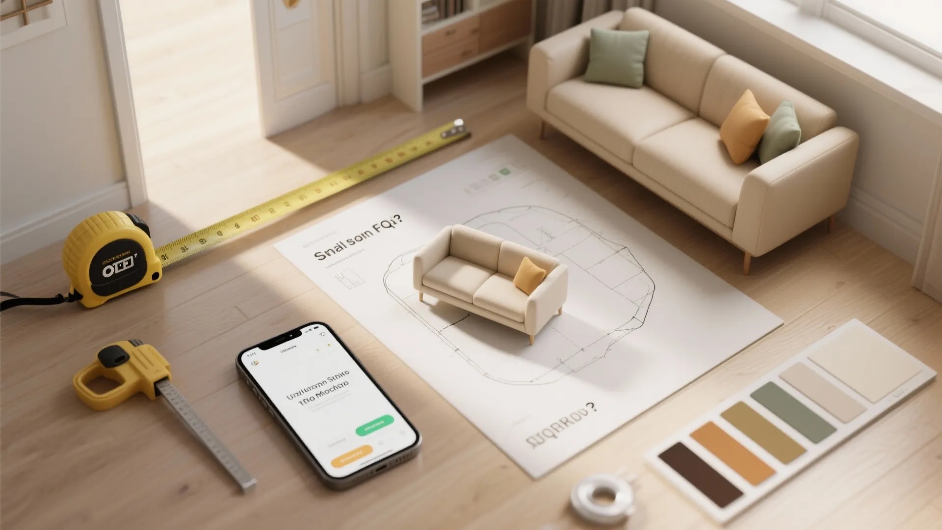 Floor plan design tools with sofa model tape measure mobile phone and color palette on wood