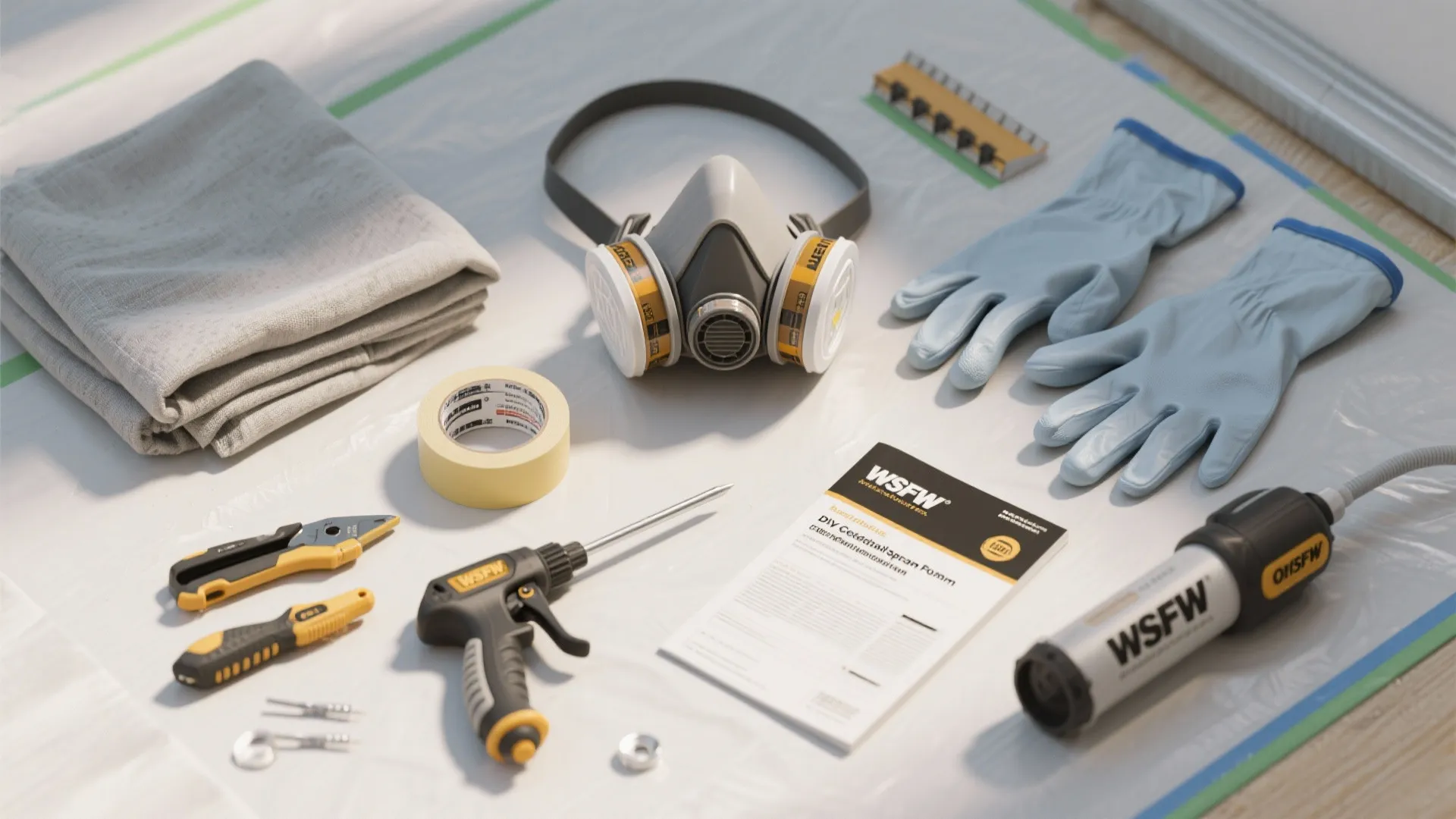 Professional home improvement tools including gas mask gloves tape and foam spray gun on plastic sheet