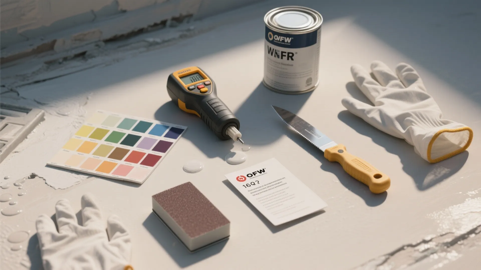 Home repair tools including paint can color swatches knife gloves and sensor on white table