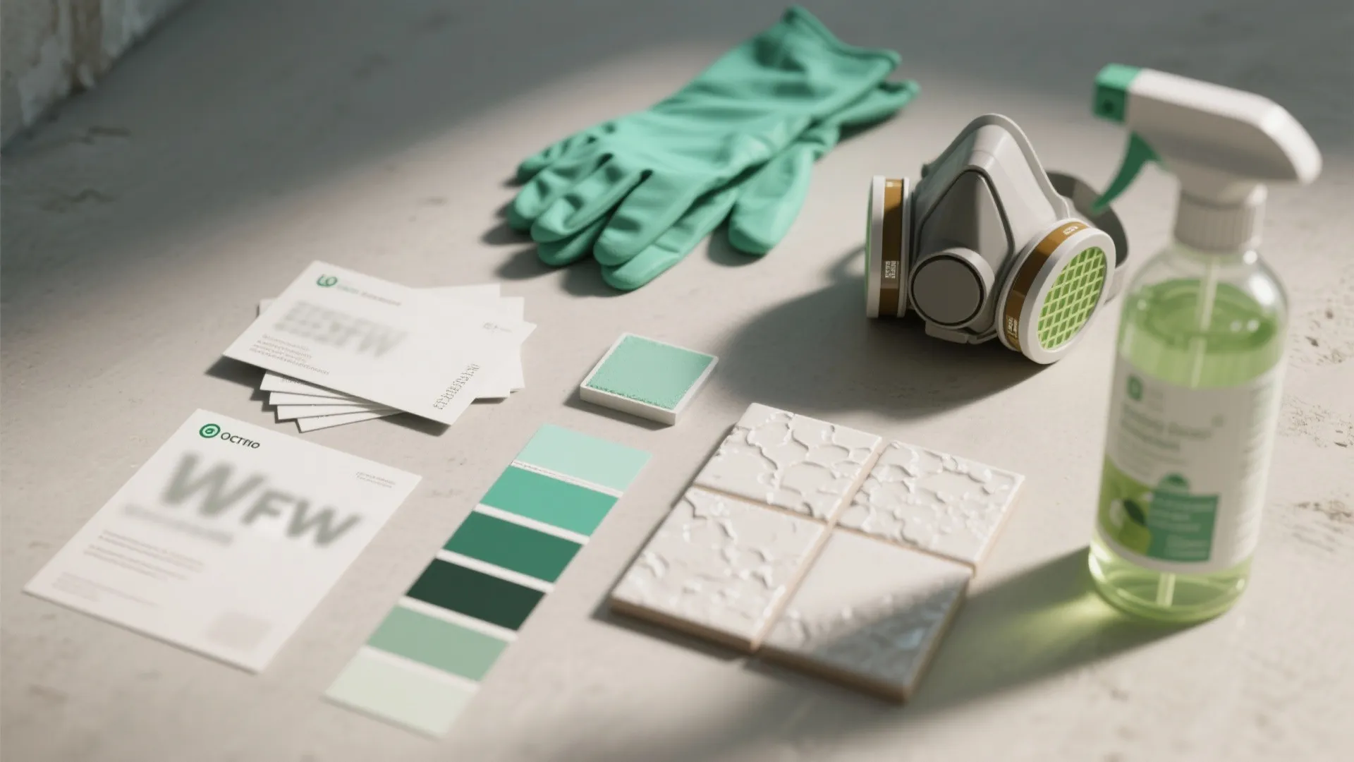 Interior renovation tools with green gloves face mask color swatches spray bottle and white tiles