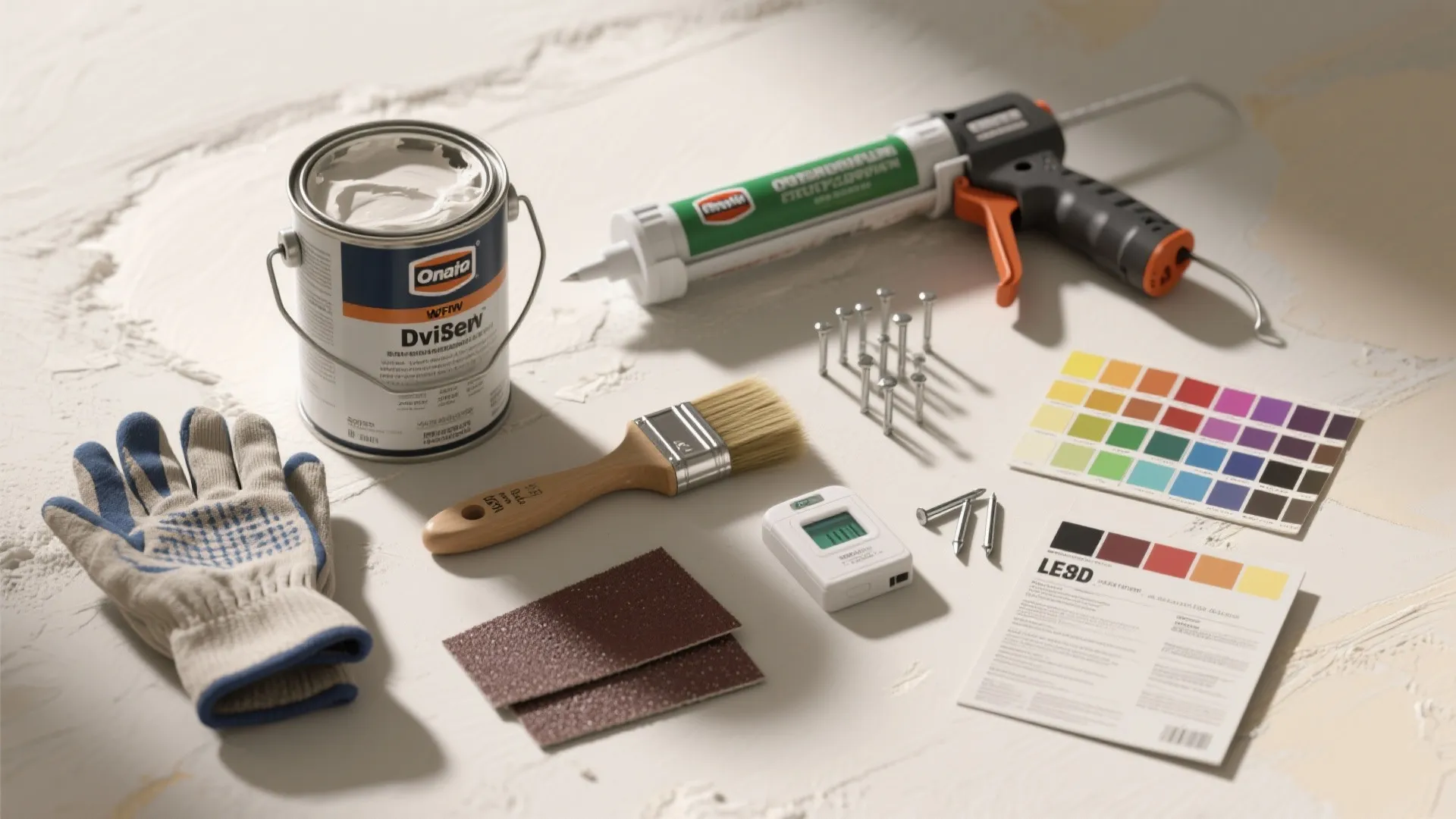 Flatlay of essential DIY tools for painting and small repairs, including primer and spackle.