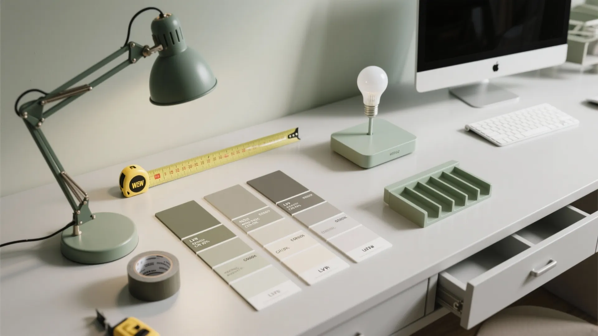 Green desk lamp, color swatches, yellow tape measure, and computer on a light grey desk