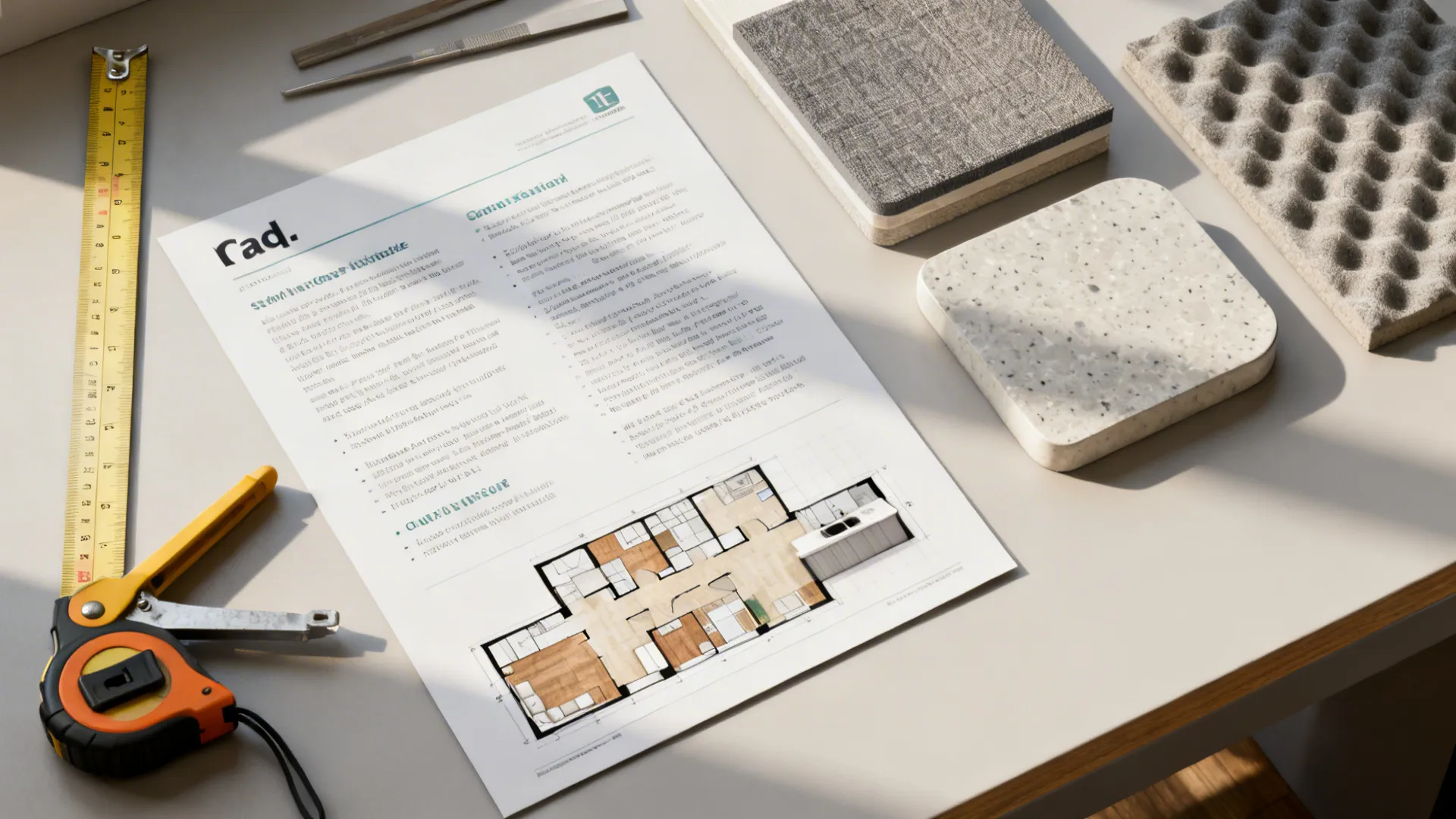 Desk flatlay with FAQ sheet, floor plan mockups and material samples for open-plan considerations