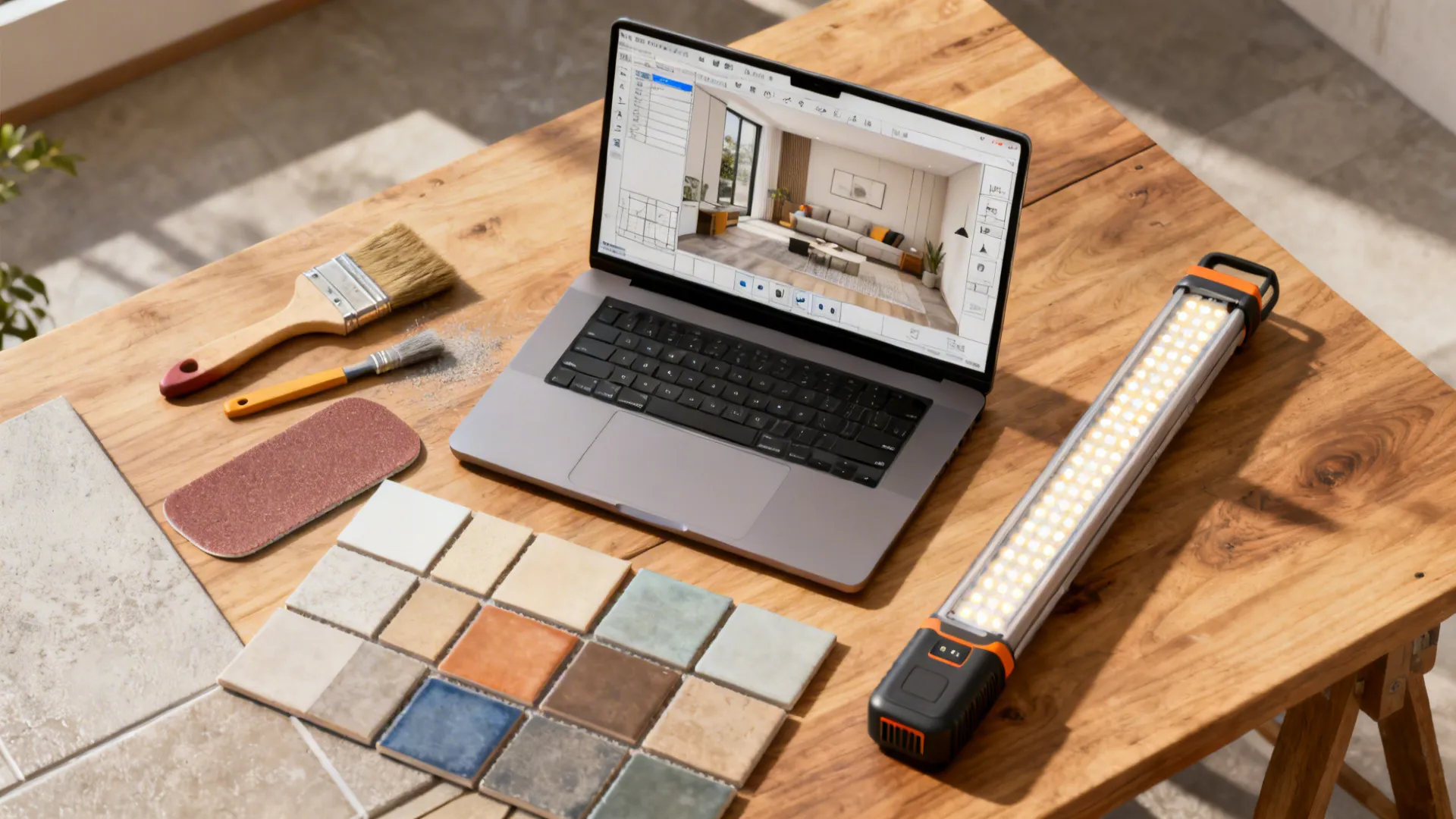 Top-down flatlay of renovation tools, material samples, and a laptop with a room planner open
