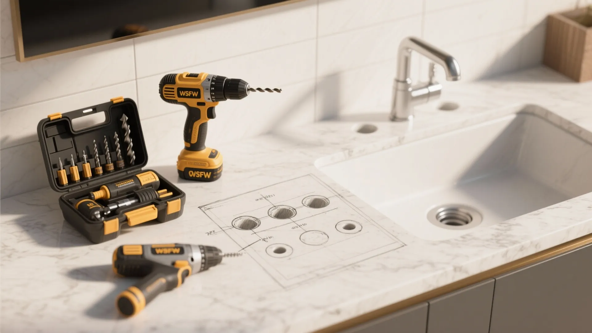 Power drills and tool kit set next to a kitchen sink for home installation project